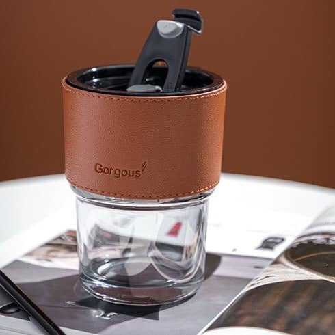 Cốc Thủy Tinh Gorgouse Có Nắp 450ml, Kèm Ống Hút Và Bao Da, 02 Màu Xinh Xắn