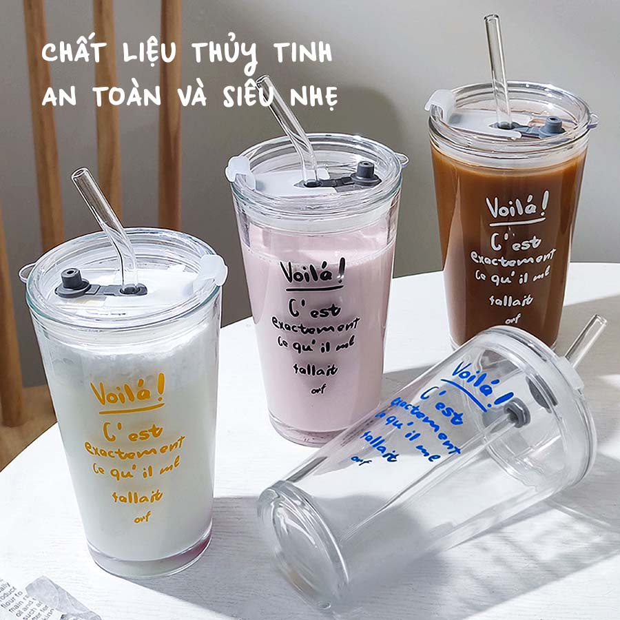 Cốc Thủy Tinh 450ml Có Nắp Và Ống Hút, In Chữ Voilá, Chất liệu Cao Cấp Dày Dặn