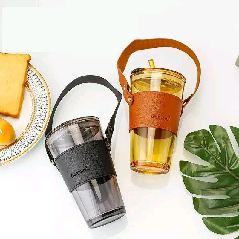 Cốc/Ly Borgous Bao Da 450ml Có Ống Hút– Cốc Thủy Tinh Bọc Da Có Nắp Đựng Nước- North Star Packing