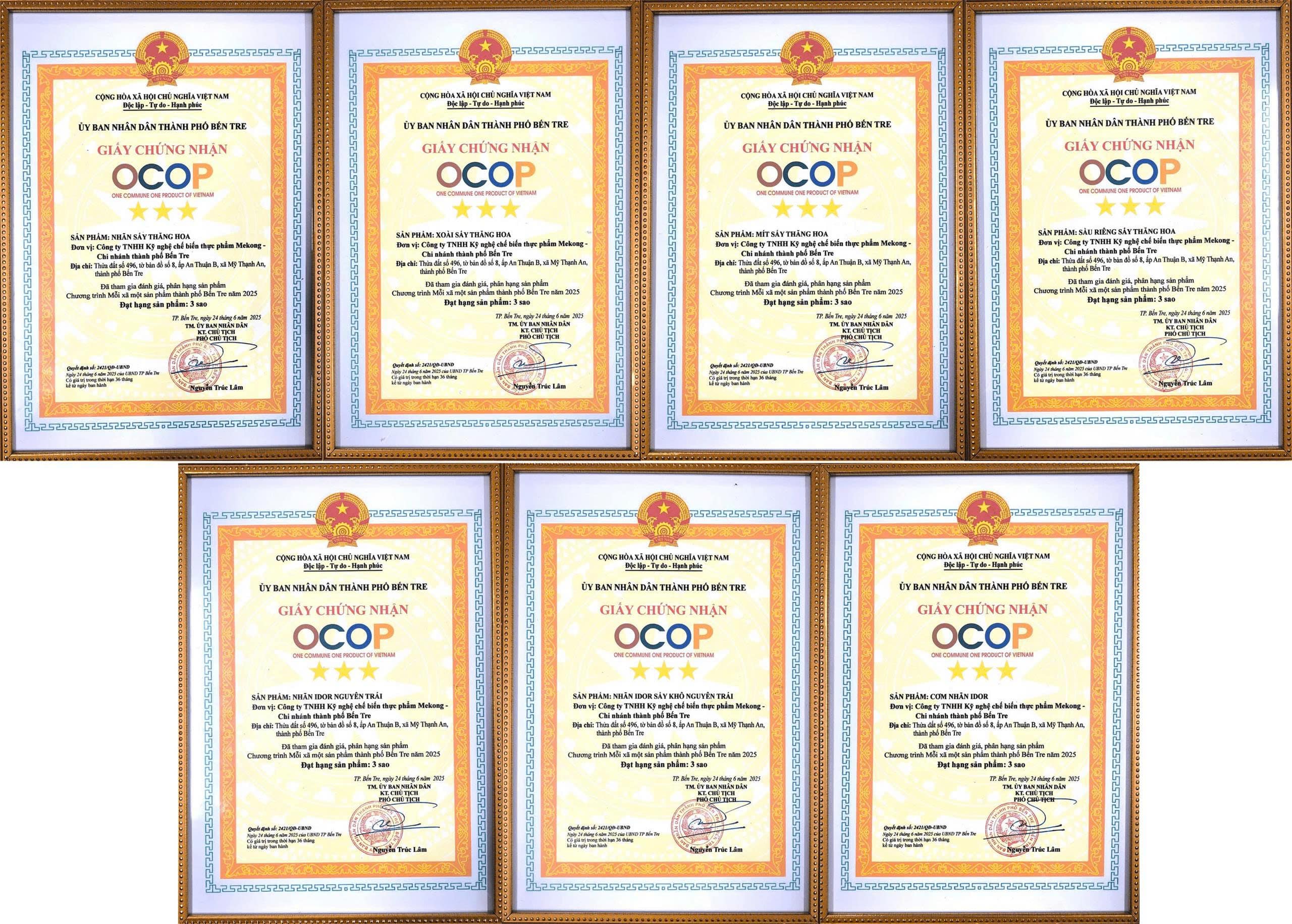 Công ty TNHH Kỹ nghệ Chế biến Thực phẩm Mekong đạt 7 Chứng nhận OCOP 3 Sao Công ty TNHH Kỹ nghệ Chế biến Thực phẩm Mekong đạt 7 Chứng nhận OCOP 3 Sao