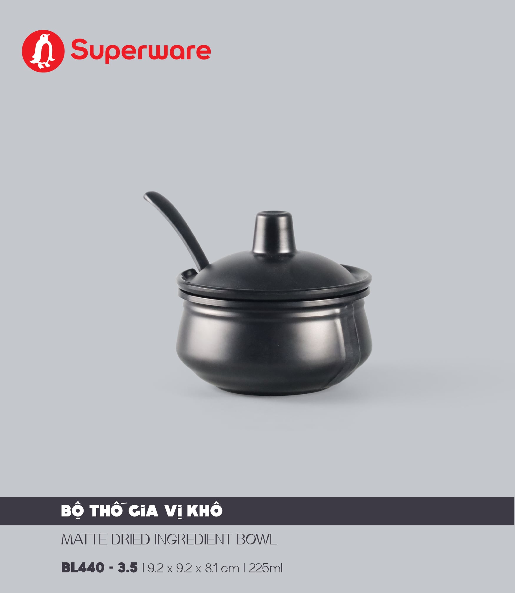 Bộ thố gia vị khô có nắp và muỗng nhám 3.5" Superware BL440-3.5 B - đen