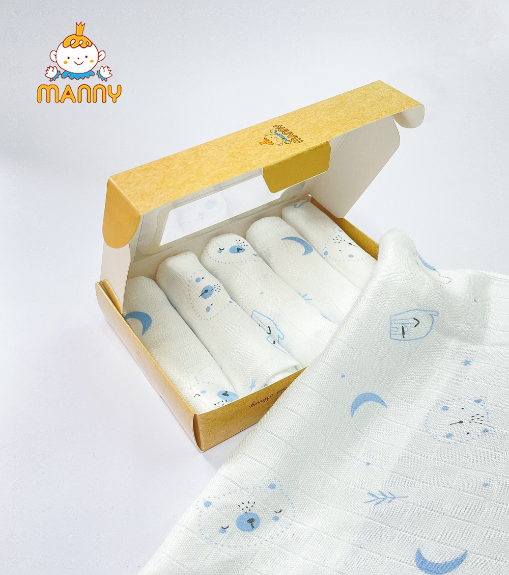Set 5 Khăn Sữa Hoạ Tiết 100% Sợi Tre Organic Cho Bé (30x30Cm) Mềm Mịn, Thoáng Nhẹ, Thấm Hút Cực Tốt, Khăn Sữa Sợi Tre Manny
