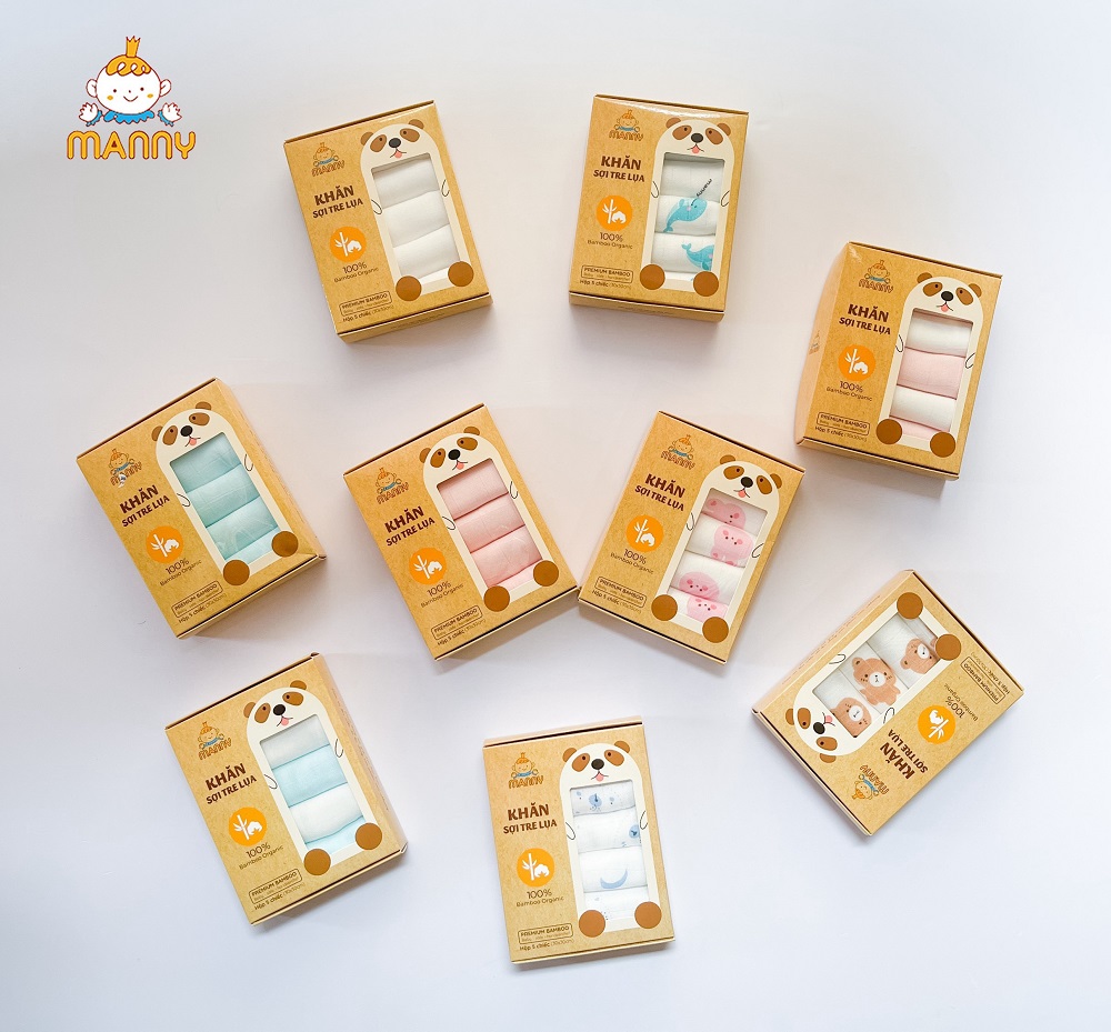 Set 5 Khăn Sữa Hoạ Tiết 100% Sợi Tre Organic Cho Bé (30x30Cm) Mềm Mịn, Thoáng Nhẹ, Thấm Hút Cực Tốt, Khăn Sữa Sợi Tre Manny