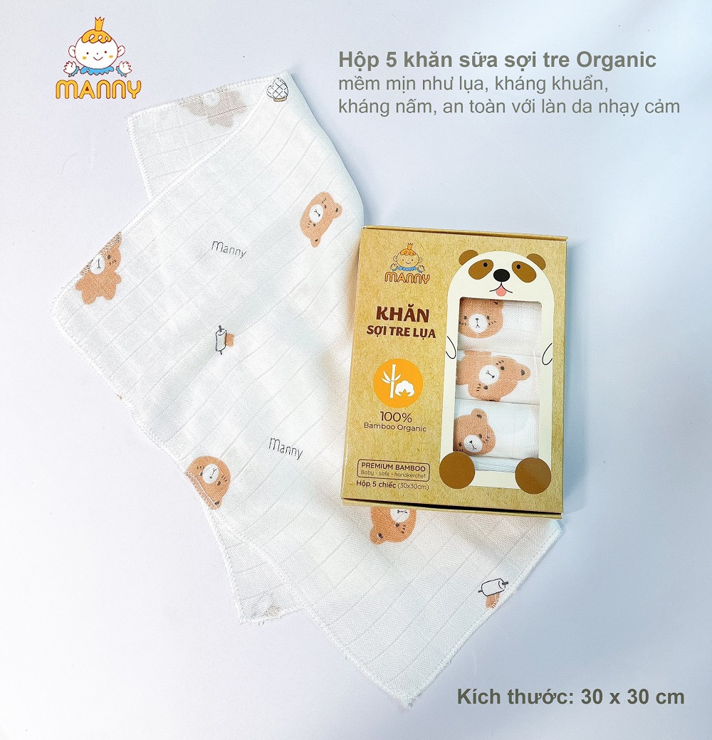 Set 5 Khăn Sữa Hoạ Tiết 100% Sợi Tre Organic Cho Bé (30x30Cm) Mềm Mịn, Thoáng Nhẹ, Thấm Hút Cực Tốt, Khăn Sữa Sợi Tre Manny