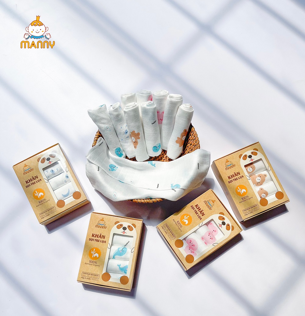 Set 5 Khăn Sữa Hoạ Tiết 100% Sợi Tre Organic Cho Bé (30x30Cm) Mềm Mịn, Thoáng Nhẹ, Thấm Hút Cực Tốt, Khăn Sữa Sợi Tre Manny