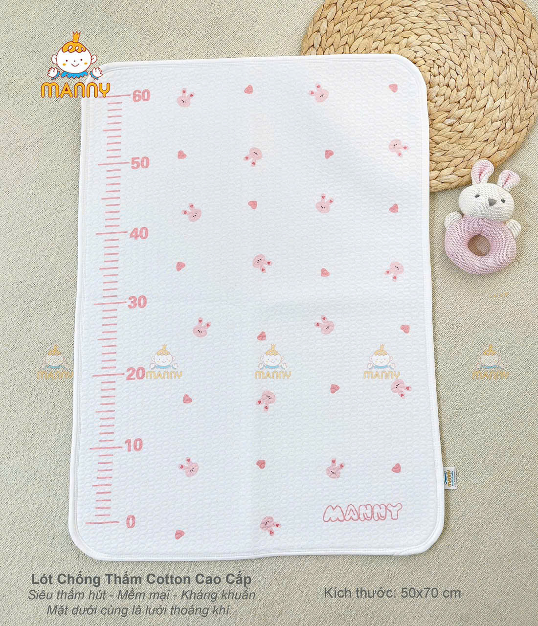 ấm lót chống thấm cao cấp 100% cotton organic Manny 4 lớp bề mặt siêu thấm hút, mềm mại