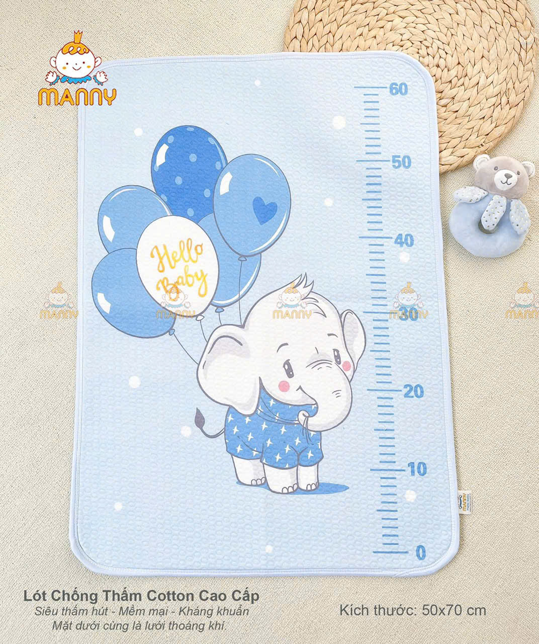ấm lót chống thấm cao cấp 100% cotton organic Manny 4 lớp bề mặt siêu thấm hút, mềm mại