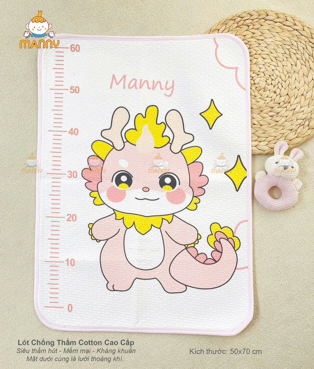 ấm lót chống thấm cao cấp 100% cotton organic Manny 4 lớp bề mặt siêu thấm hút, mềm mại