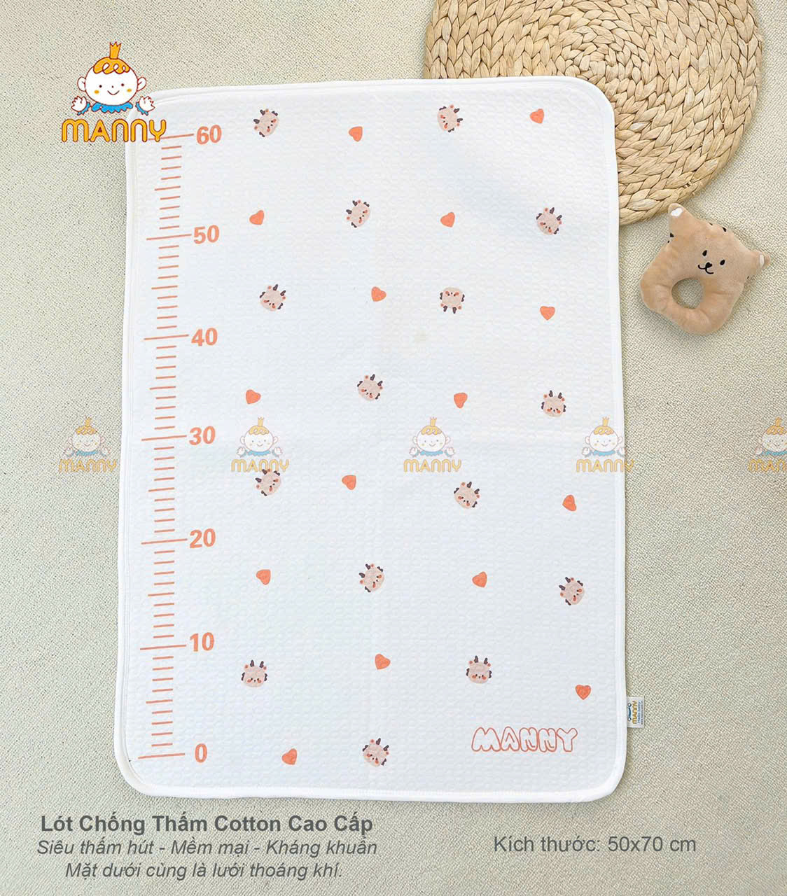 ấm lót chống thấm cao cấp 100% cotton organic Manny 4 lớp bề mặt siêu thấm hút, mềm mại