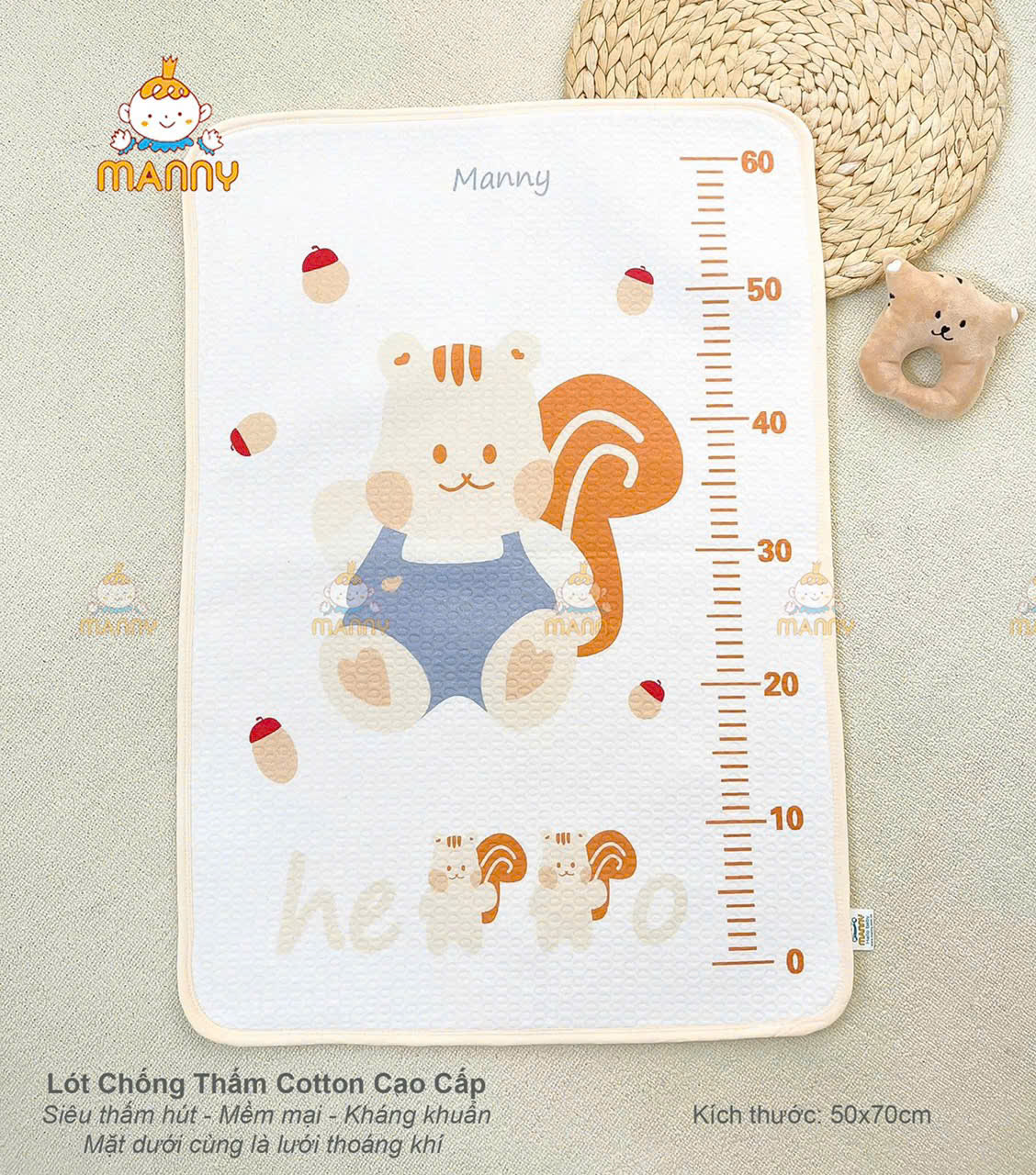 ấm lót chống thấm cao cấp 100% cotton organic Manny 4 lớp bề mặt siêu thấm hút, mềm mại