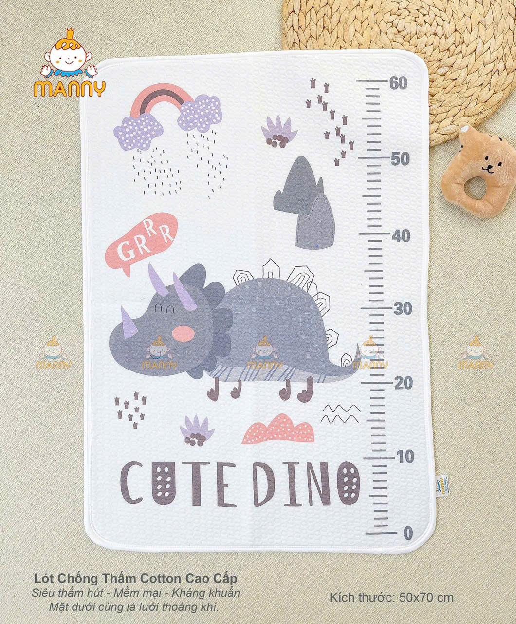 ấm lót chống thấm cao cấp 100% cotton organic Manny 4 lớp bề mặt siêu thấm hút, mềm mại