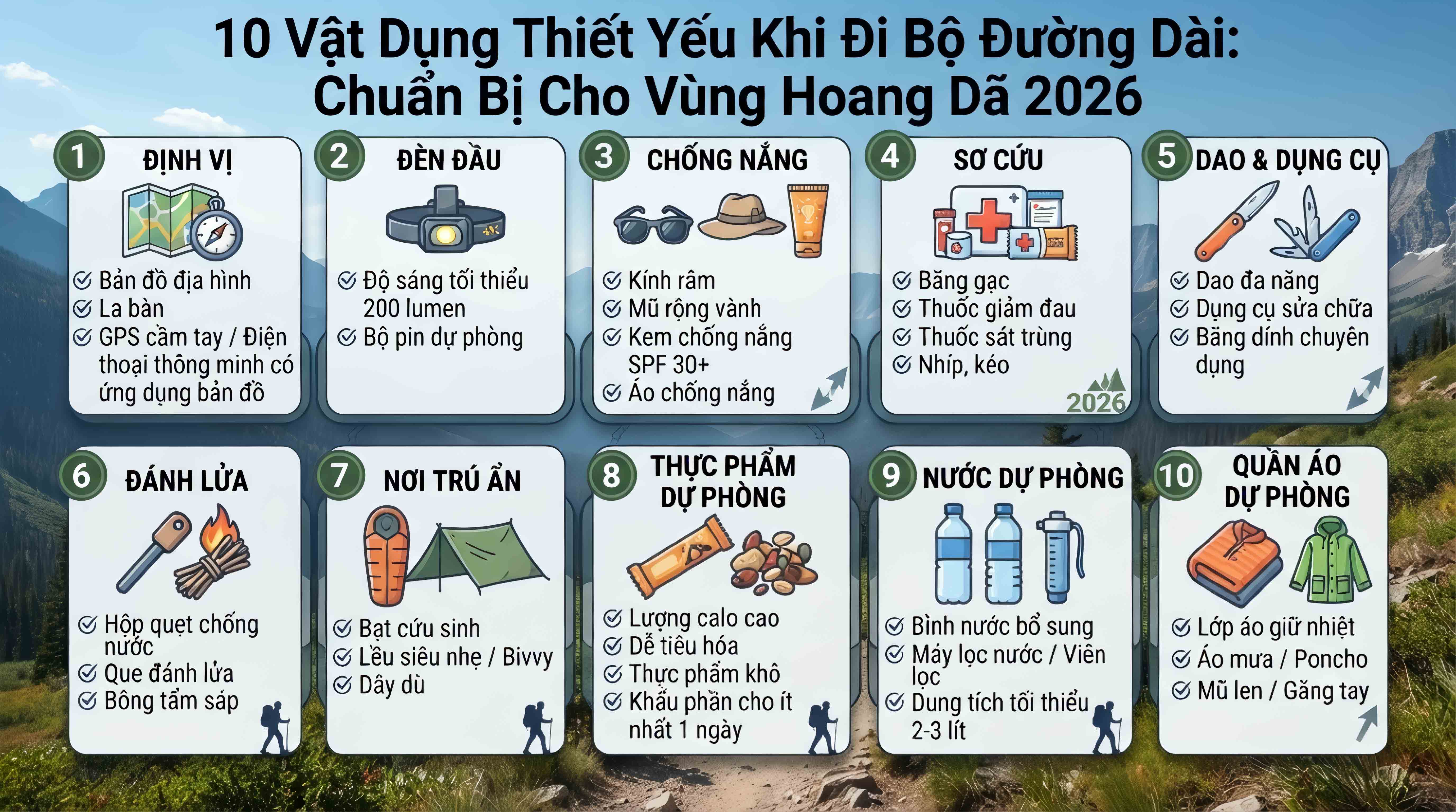 10 Vật Dụng Thiết Yếu Khi Đi Bộ Đường Dài: Chuẩn Bị Cho Vùng Hoang Dã 2026