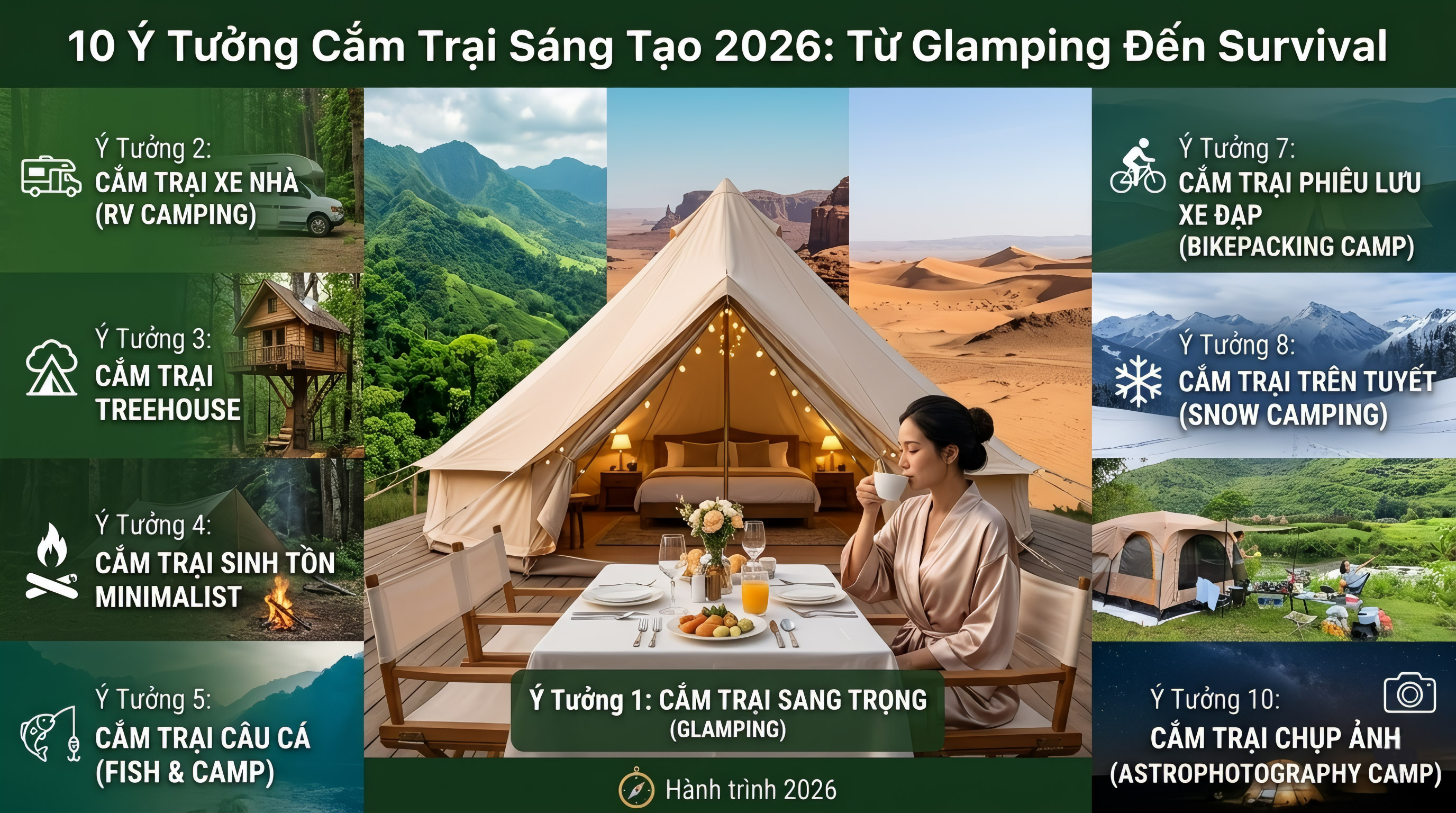 10 Ý Tưởng Cắm Trại Sáng Tạo 2026: Từ Glamping Đến Survival