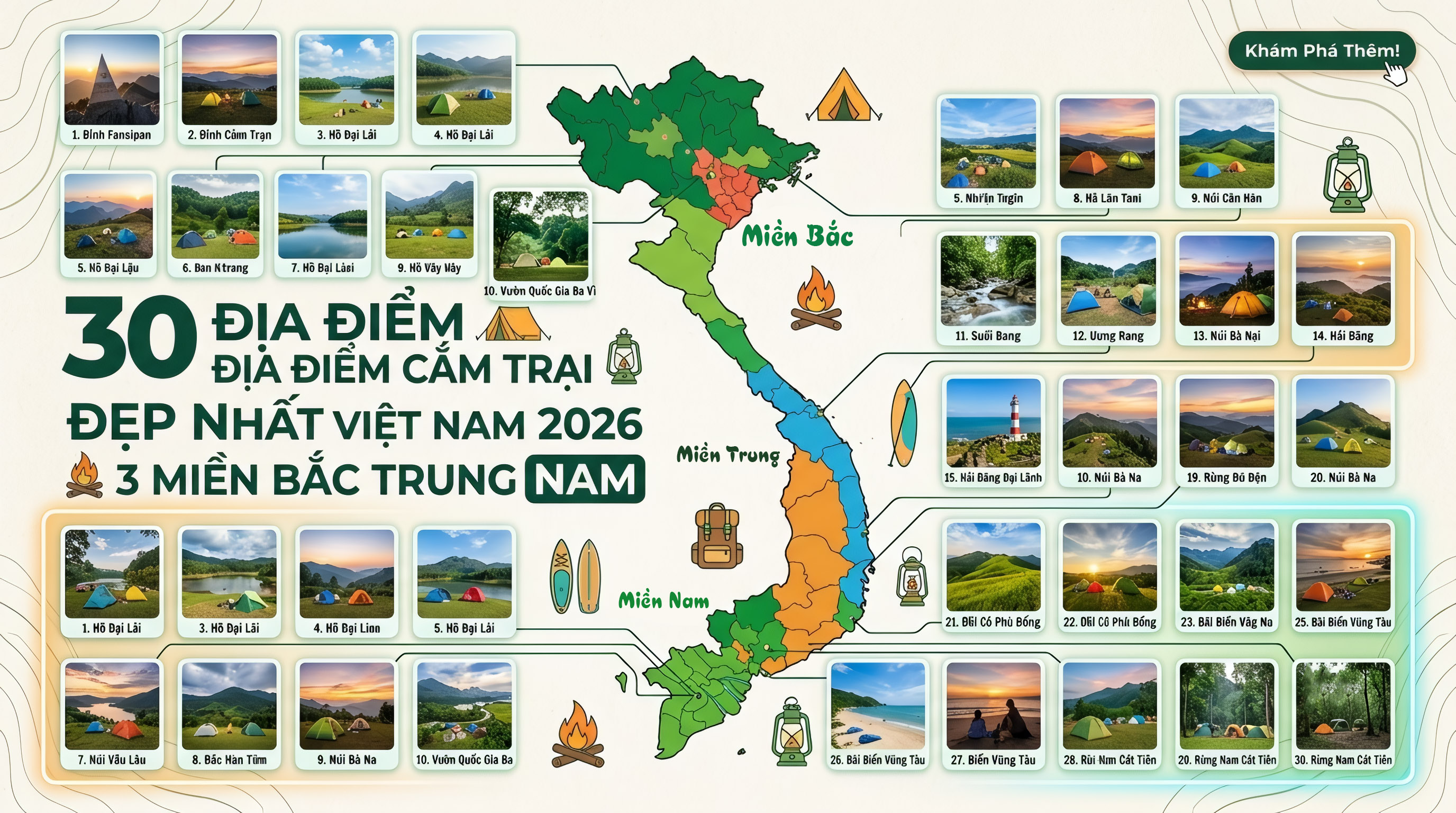 30 Địa Điểm Cắm Trại Đẹp Nhất Việt Nam 2026: 3 Miền Bắc Trung Nam