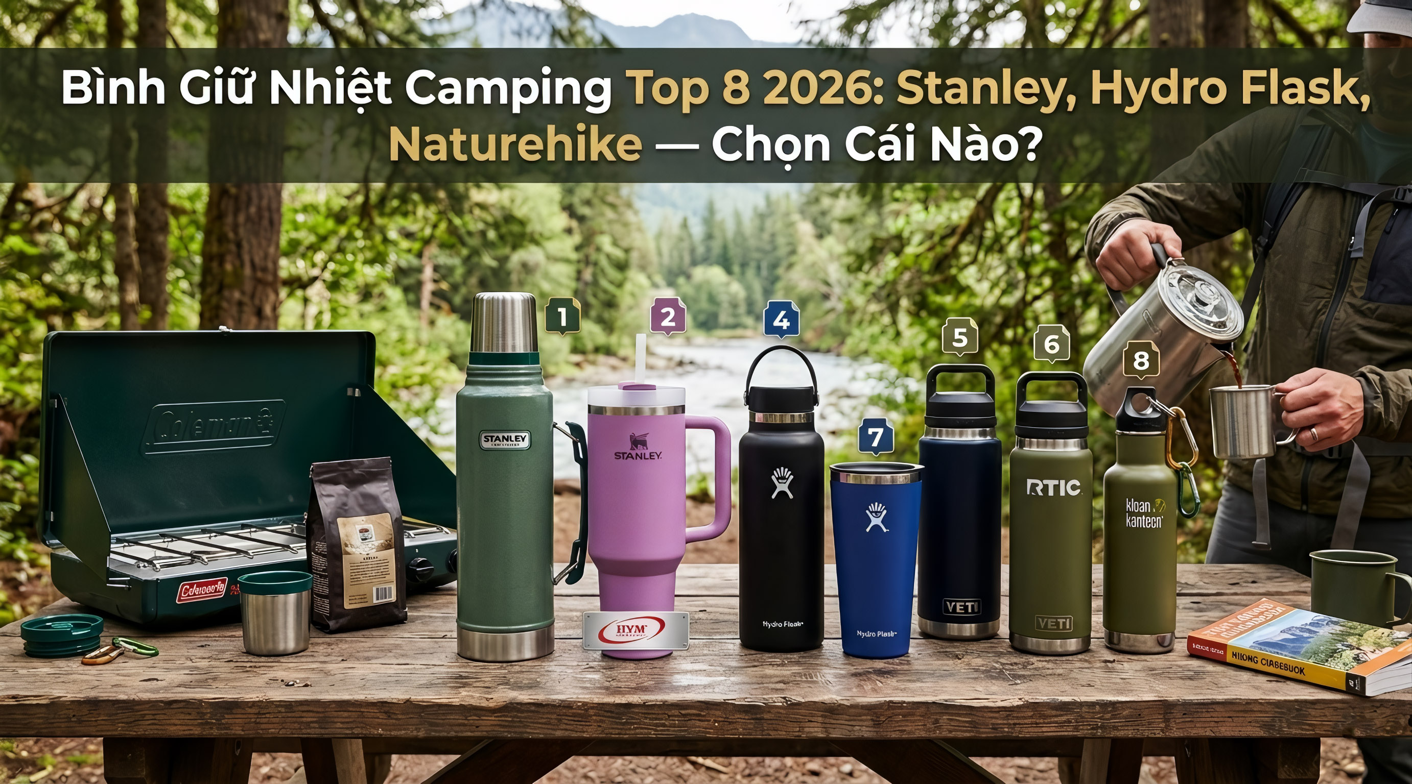 Bình Giữ Nhiệt Camping Top 8 2026: Stanley, Hydro Flask, Naturehike — Chọn Cái Nào?