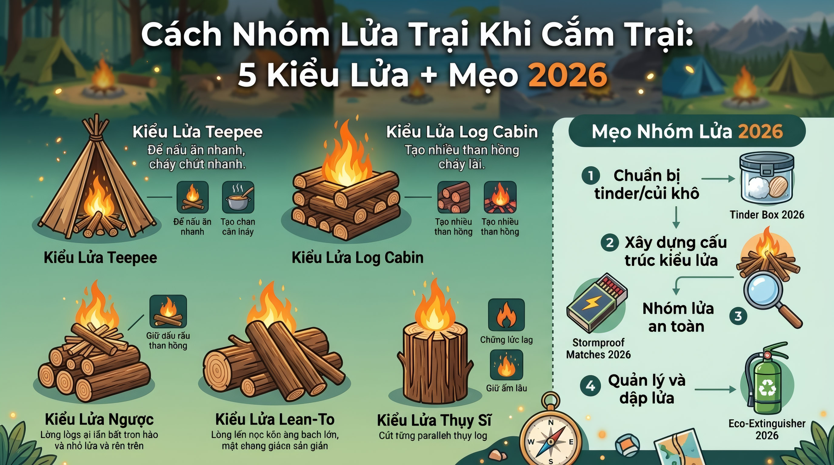 Cách Nhóm Lửa Trại Khi Cắm Trại: 5 Kiểu Lửa + Mẹo 2026