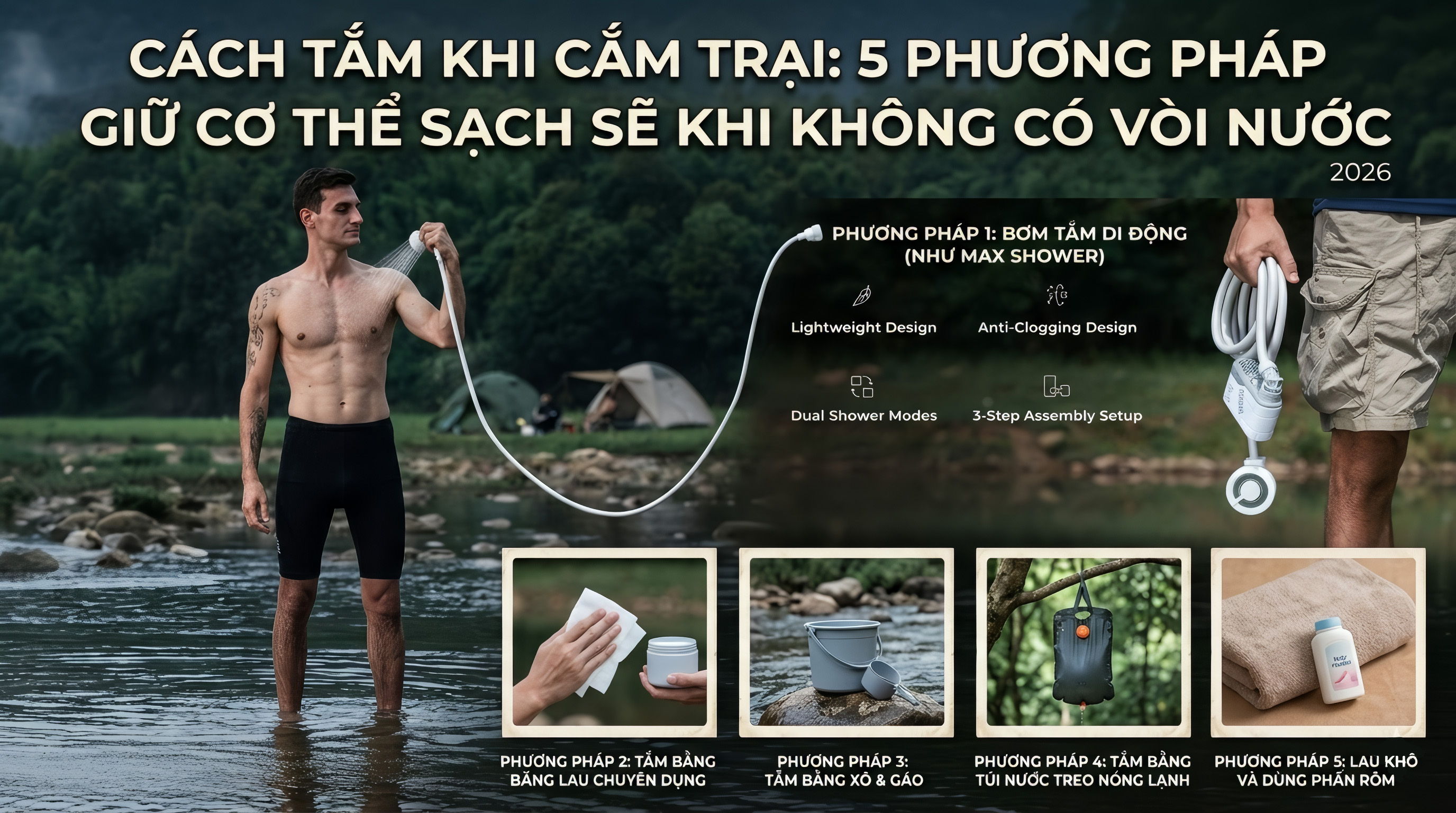 Cách Tắm Khi Cắm Trại: 5 Phương Pháp Giữ Cơ Thể Sạch Sẽ Khi Không Có Vòi Nước 2026
