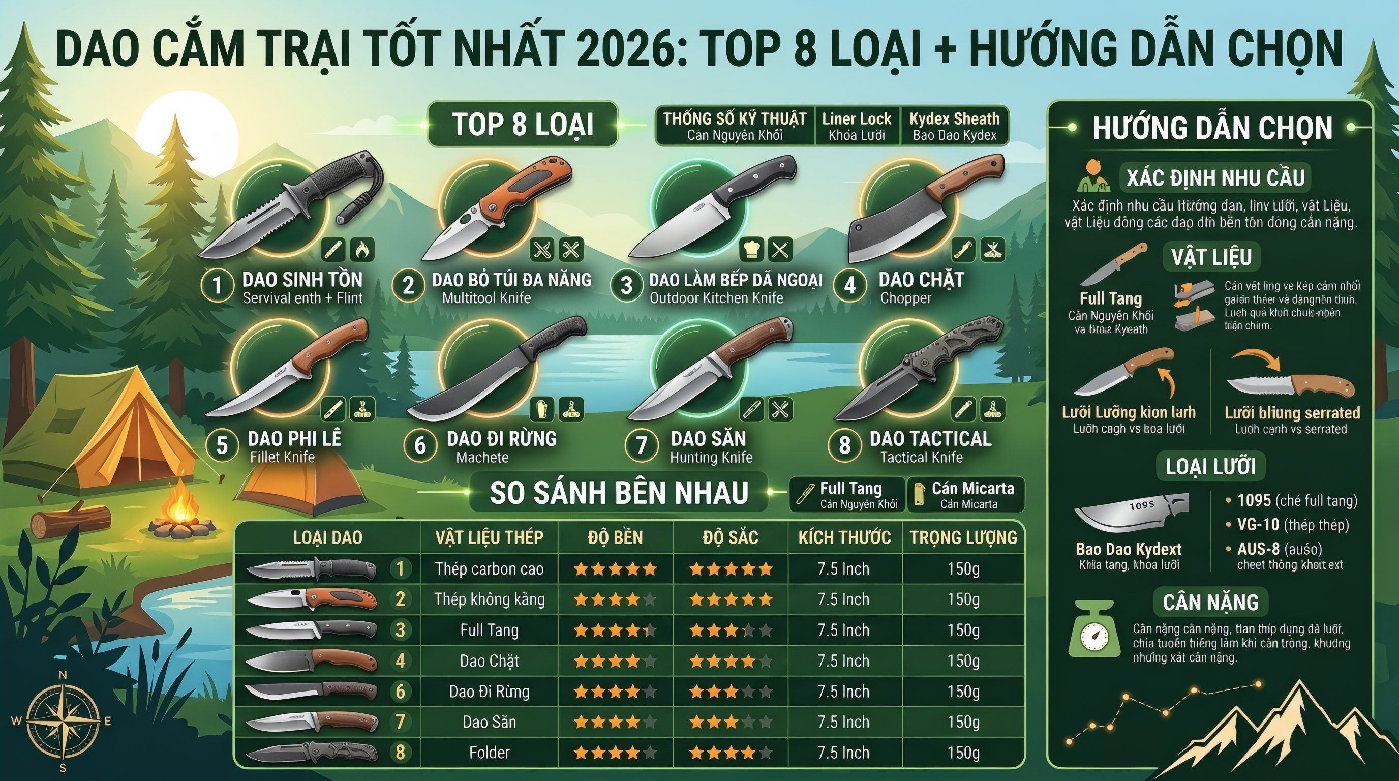 Dao Cắm Trại Tốt Nhất 2026: Top 8 Loại + Hướng Dẫn Chọn