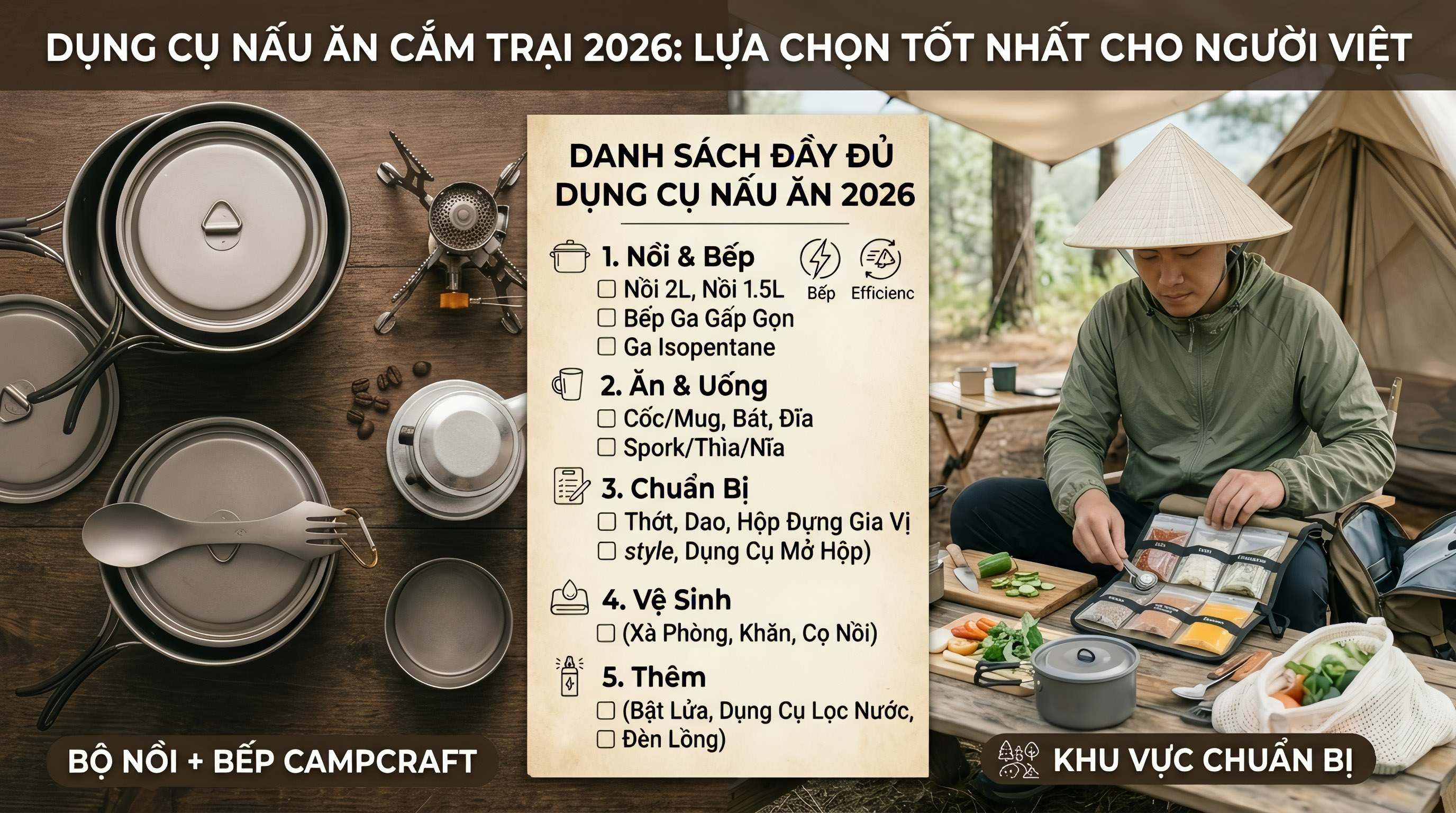 Dụng Cụ Nấu Ăn Cắm Trại 2026: Bộ Nồi + Bếp + Danh Sách Đầy Đủ