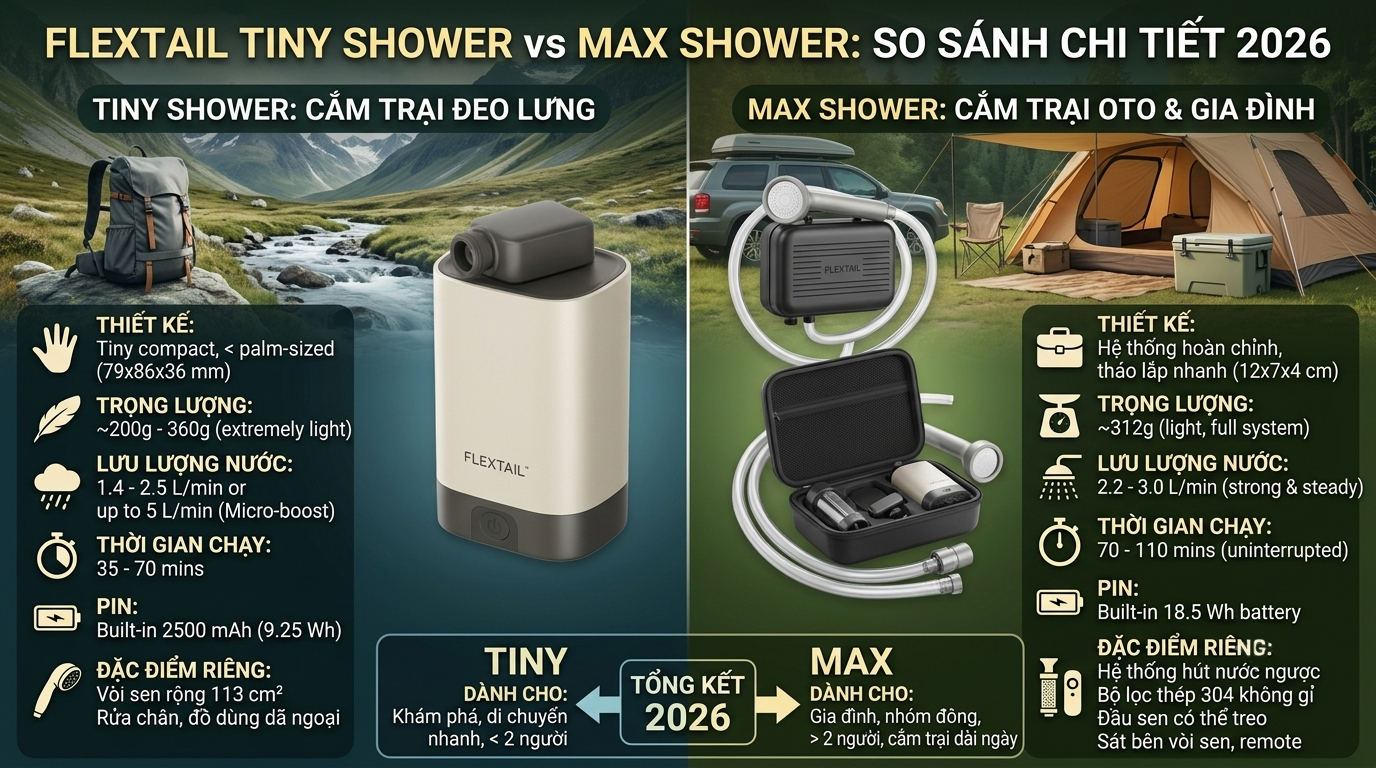 Flextail Tiny Shower vs Max Shower: So Sánh Chi Tiết 2026