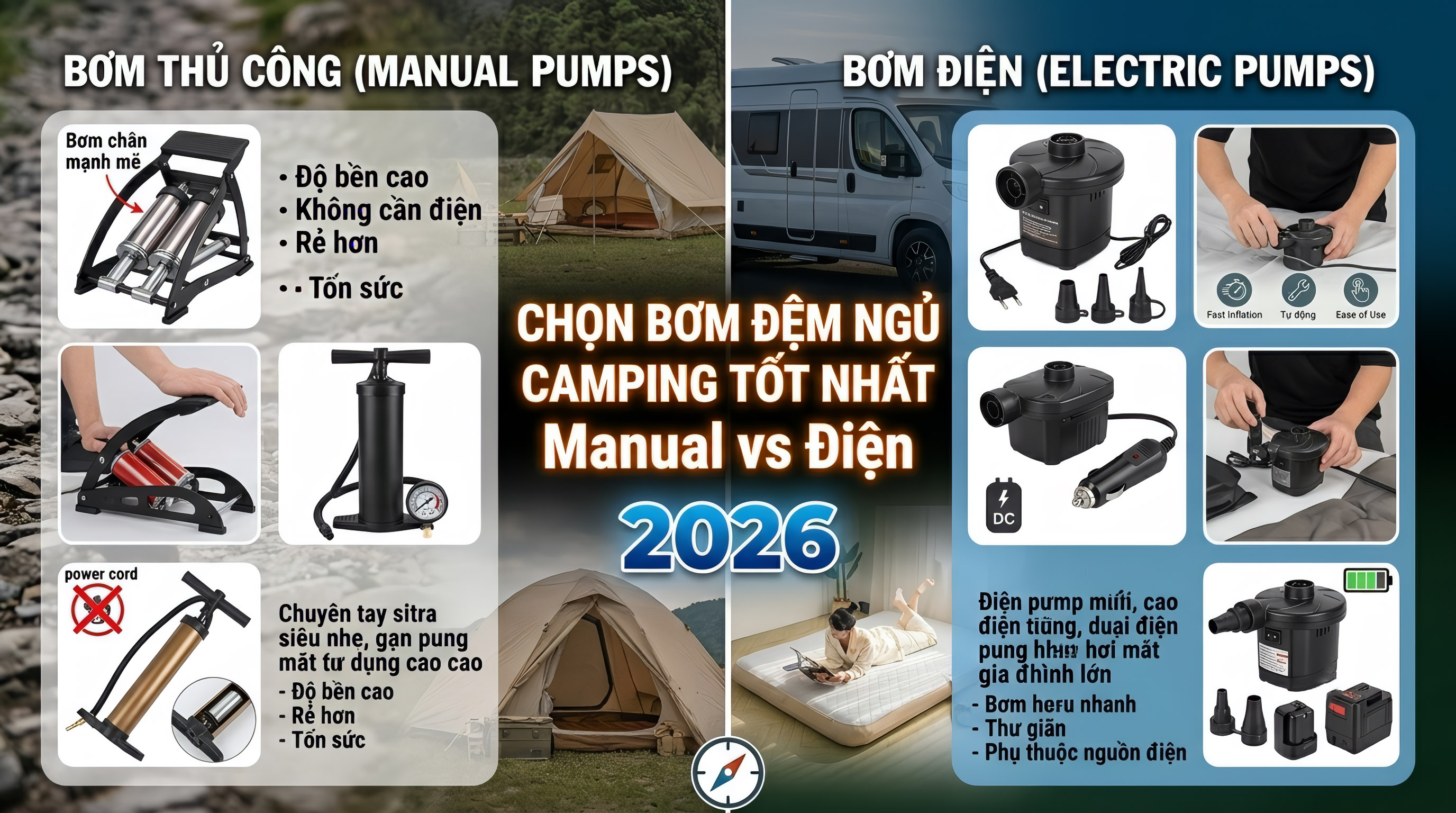 Hướng Dẫn Chọn Bơm Đệm Ngủ Camping Tốt Nhất 2026: Manual vs Điện