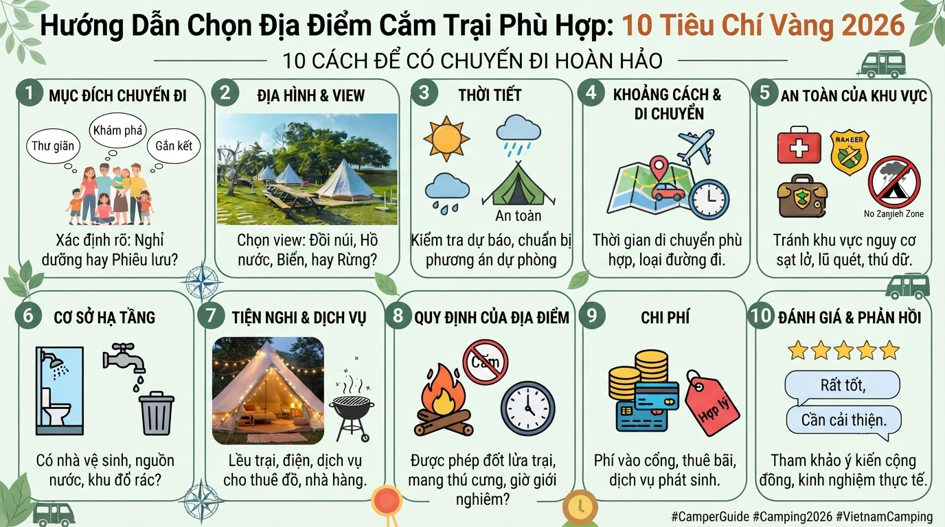 Hướng Dẫn Chọn Địa Điểm Cắm Trại Phù Hợp: 10 Tiêu Chí Vàng 2026