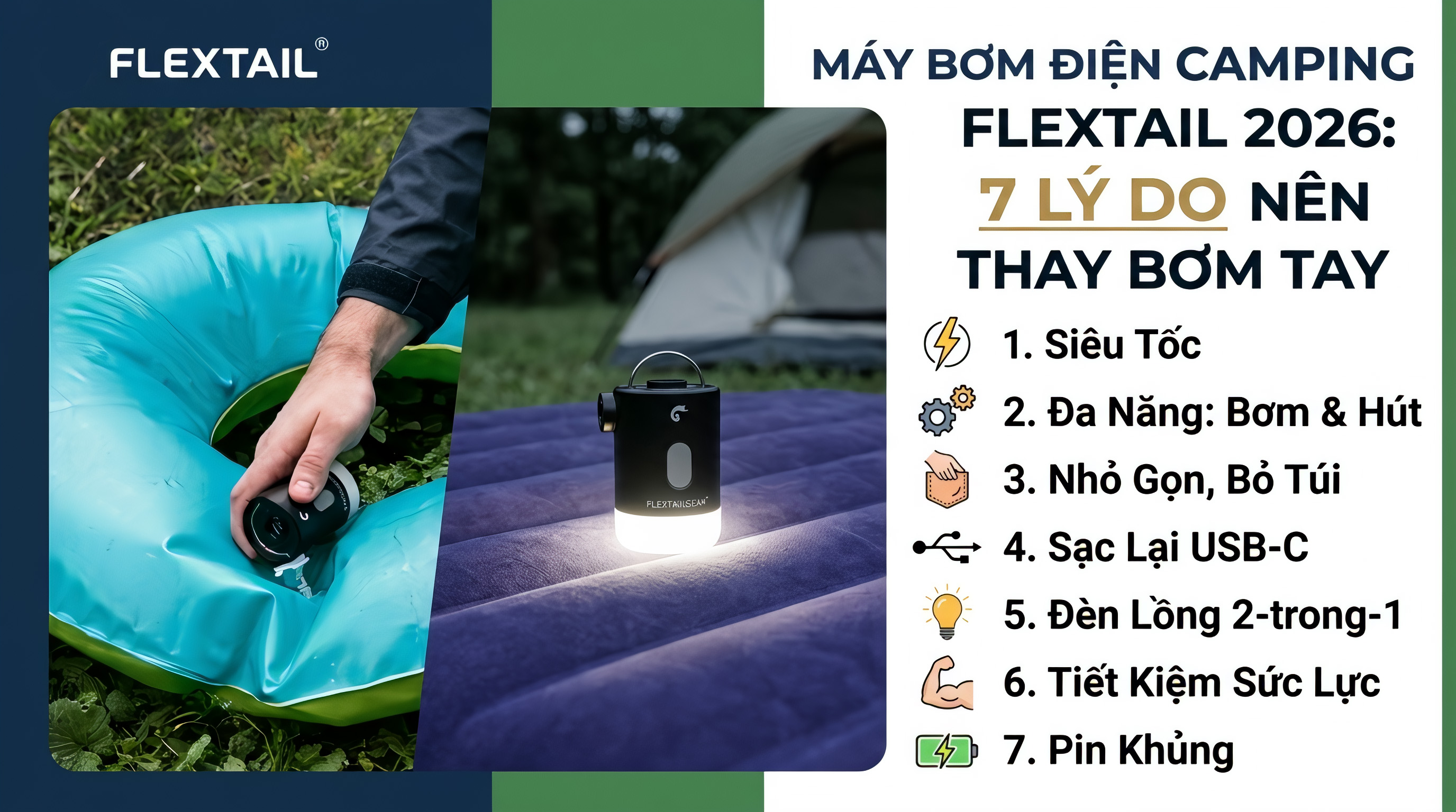 Máy Bơm Điện Camping Flextail 2026: 7 Lý Do Nên Thay Bơm Tay