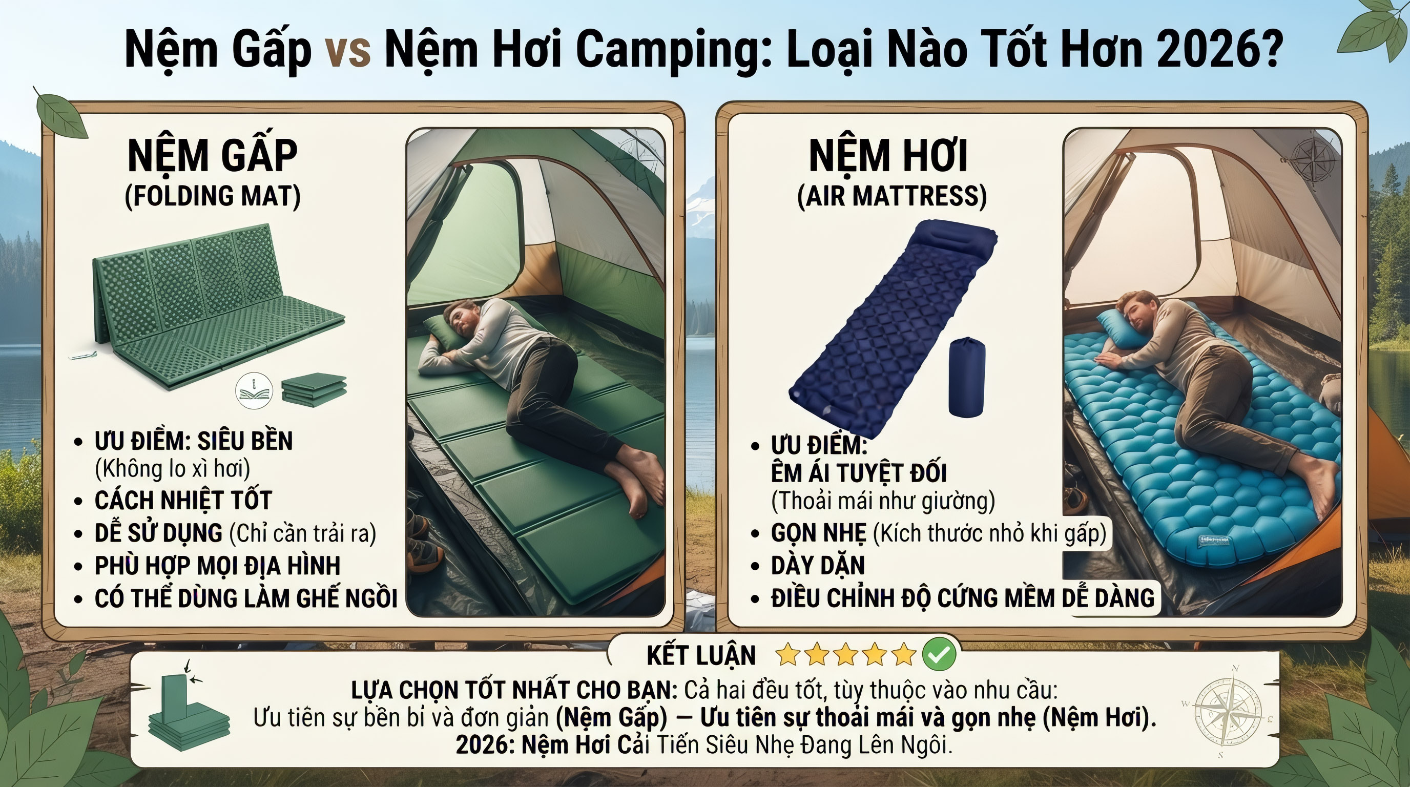 Nệm Gấp vs Nệm Hơi Camping: Loại Nào Tốt Hơn 2026?