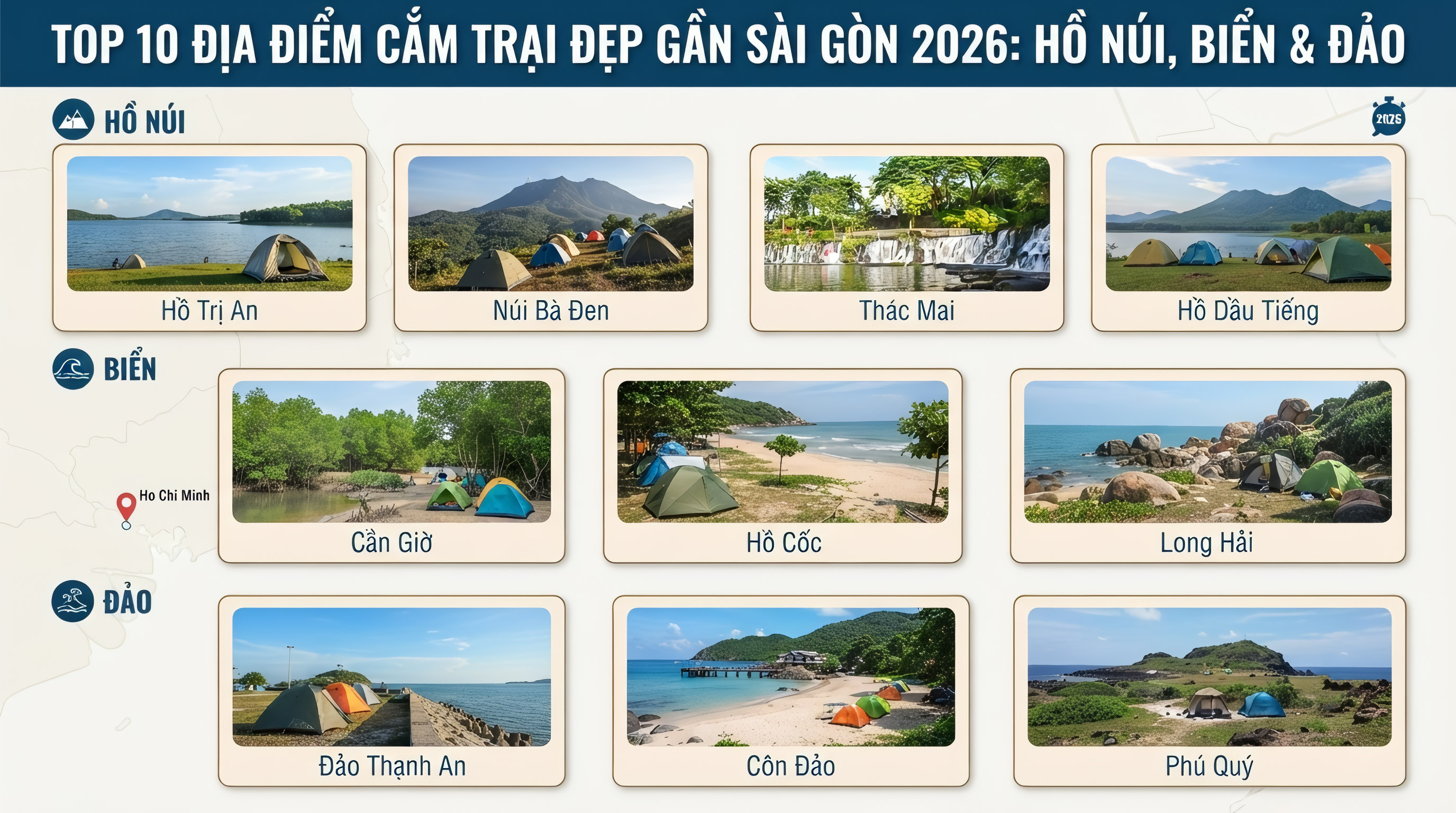 TOP 10 Địa Điểm Cắm Trại Đẹp Gần Sài Gòn 2026: Hồ Núi, Biển & Đảo