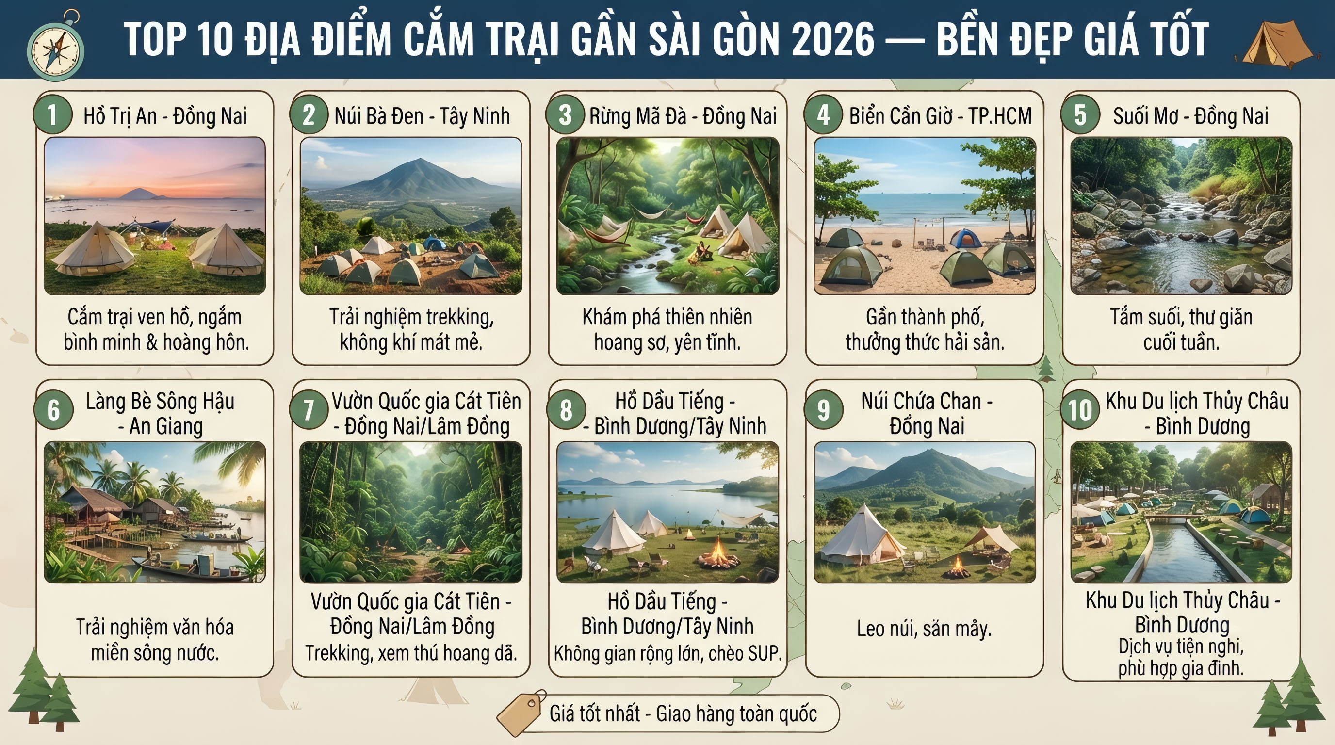 Top 10 Địa Điểm Cắm Trại Gần Sài Gòn 2026 — Bền Đẹp Giá Tốt