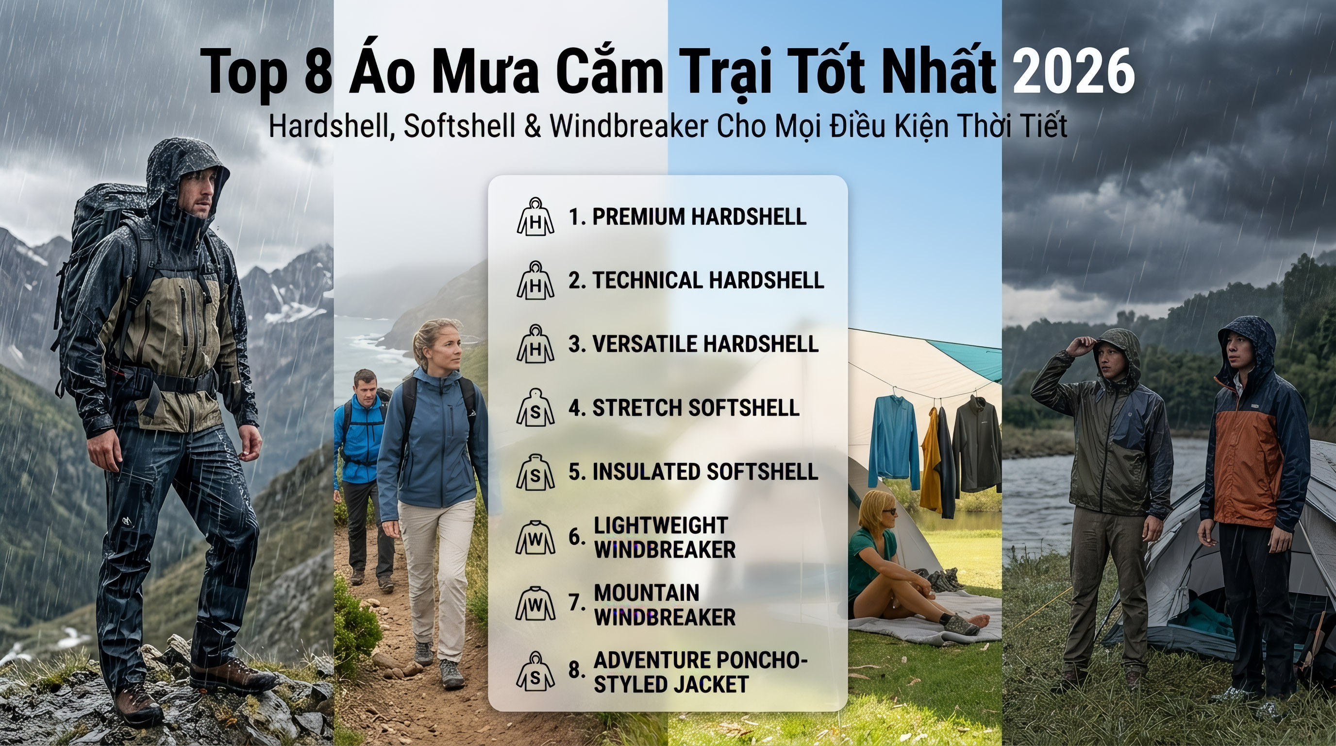 Top 8 Áo Mưa Cắm Trại Tốt Nhất 2026: Hardshell, Softshell & Windbreaker Cho Mọi Điều Kiện Thời Tiết