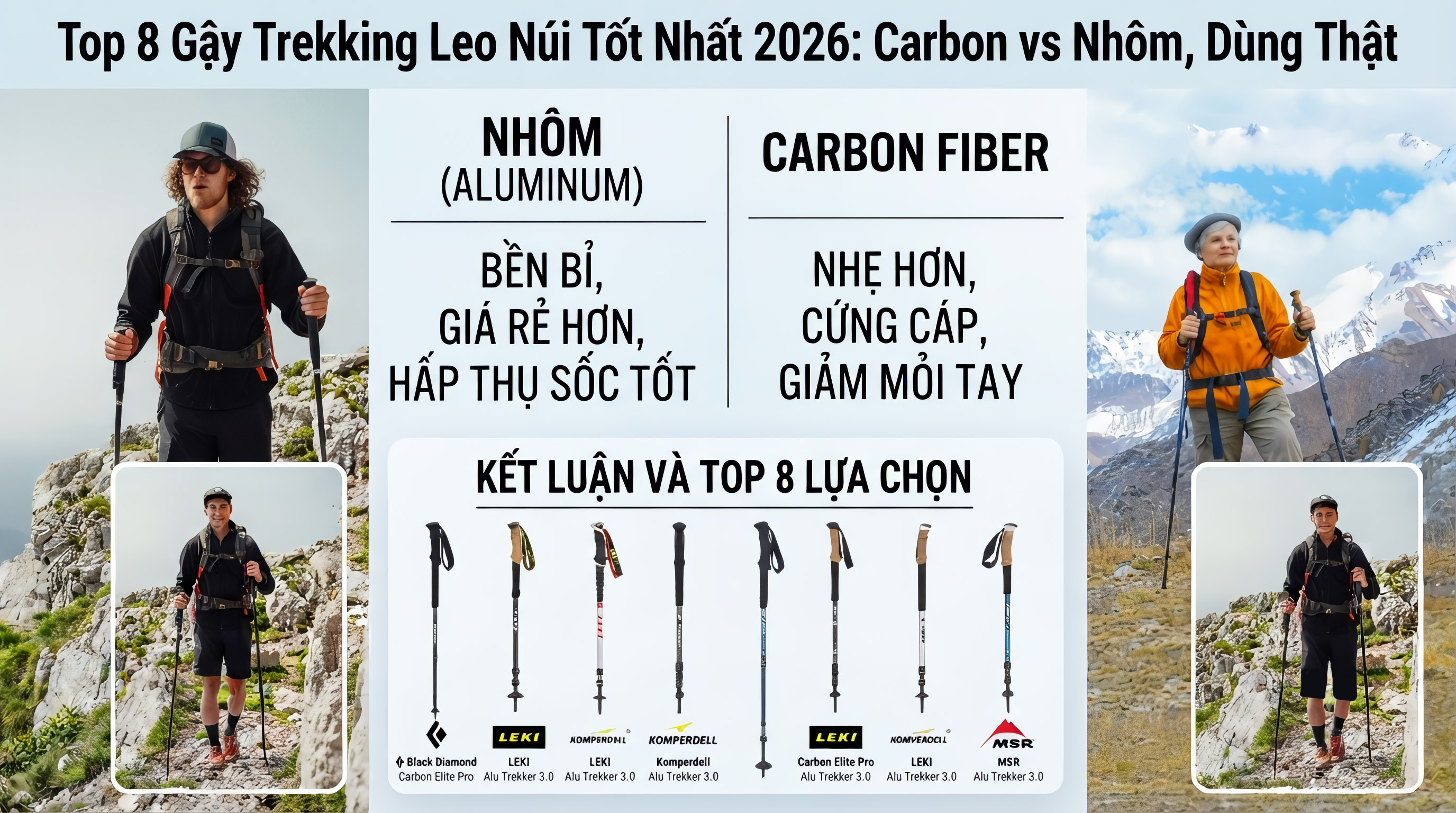 Top 8 Gậy Trekking Leo Núi Tốt Nhất 2026: Carbon vs Nhôm, Dùng Thật