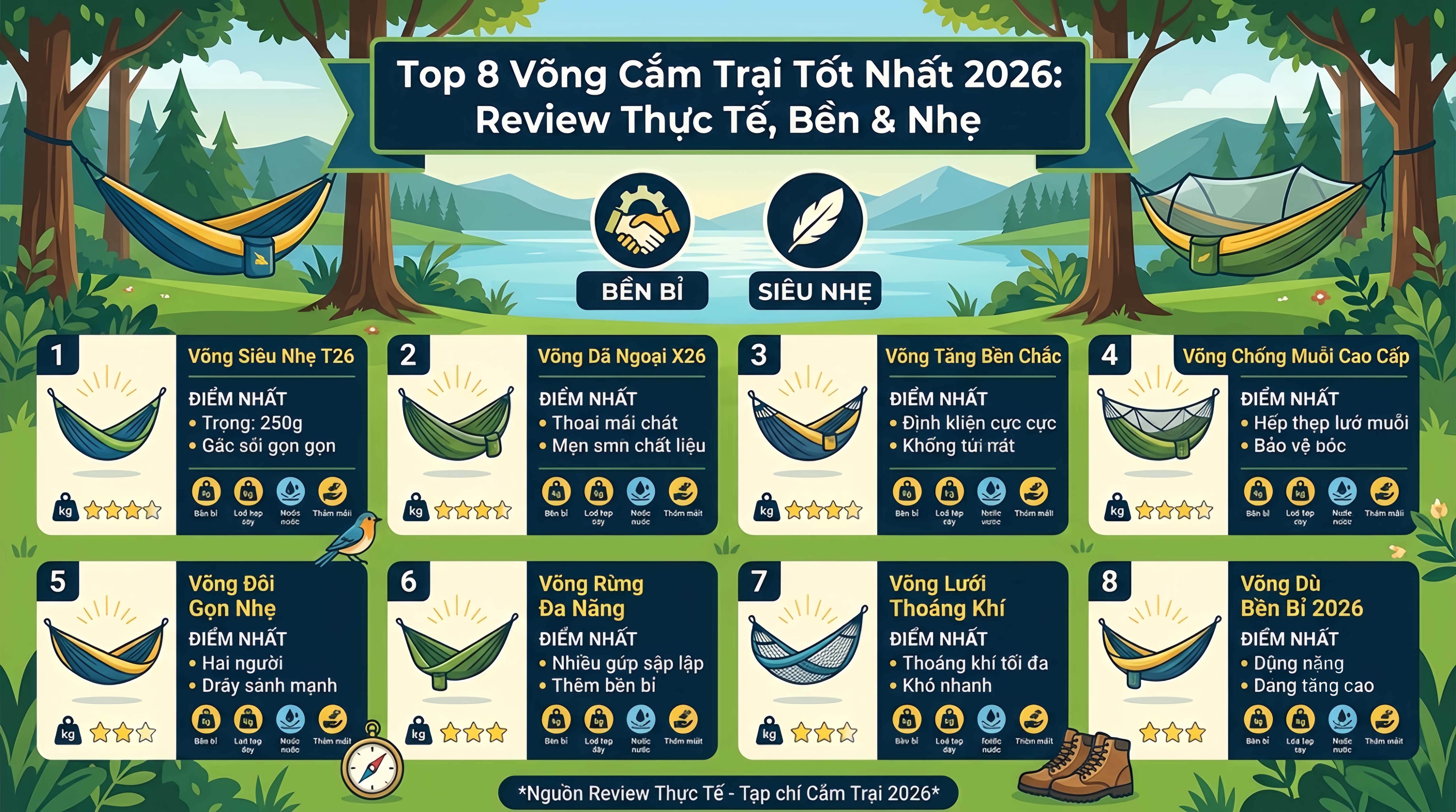 Top 8 Võng Cắm Trại Tốt Nhất 2026: Review Thực Tế, Bền & Nhẹ