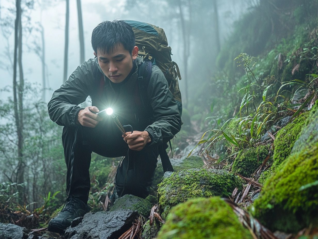 Người leo núi điều chỉnh headlamp trong buổi sáng sương mù tại rừng Việt Nam