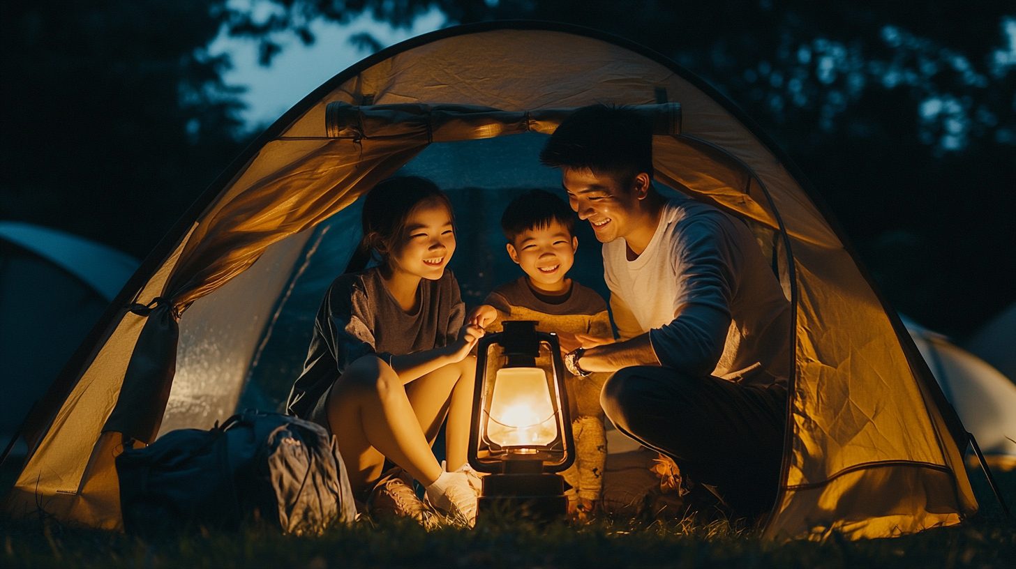 Gia đình Việt Nam cắm trại buổi tối dưới ánh đèn lều ấm áp, bầu trời đầy sao