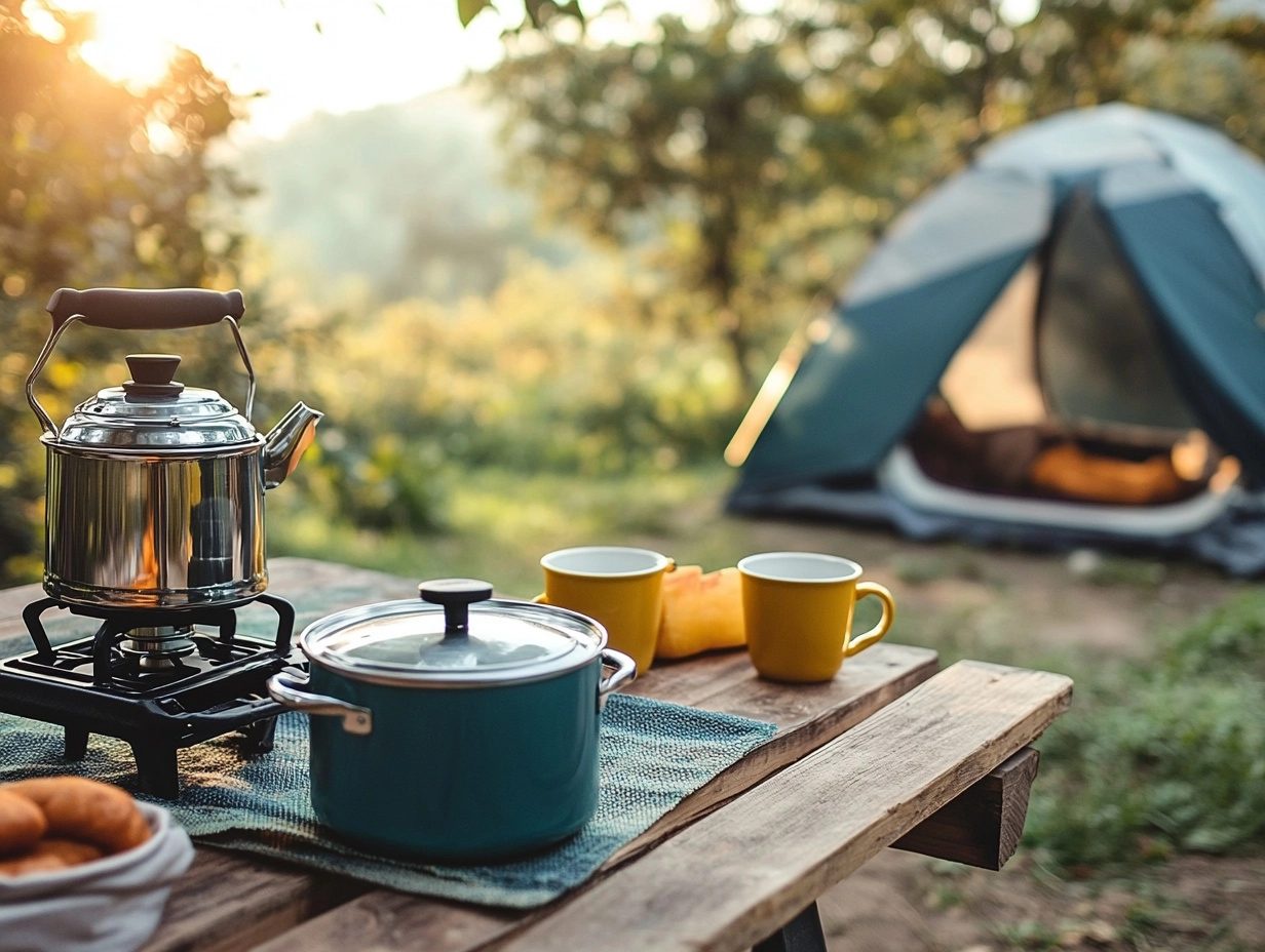 Bàn camping gấp gọn nhôm đặt bếp gas mini và đồ ăn picnic ngoài trời