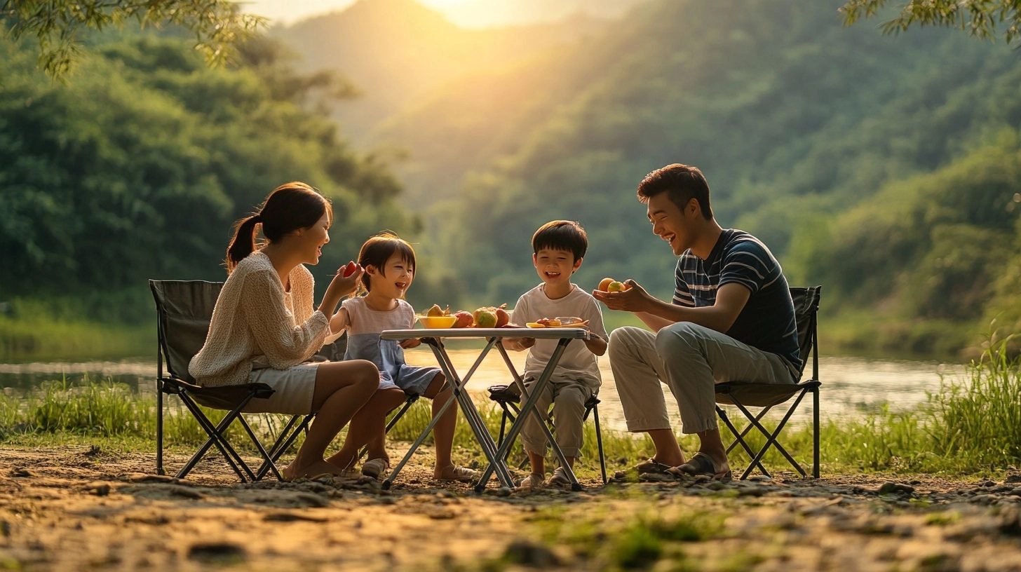 Gia đình camping ngồi quanh bộ bàn ghế gấp gọn dã ngoại ngoài trời