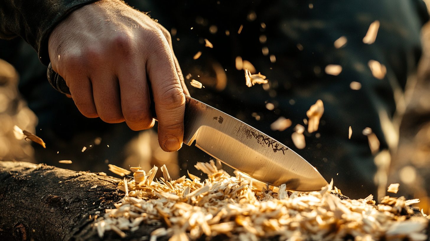 Dao Morakniv Companion cầm trên tay, lưỡi Scandi grind sắc bén cắt củi cắm trại