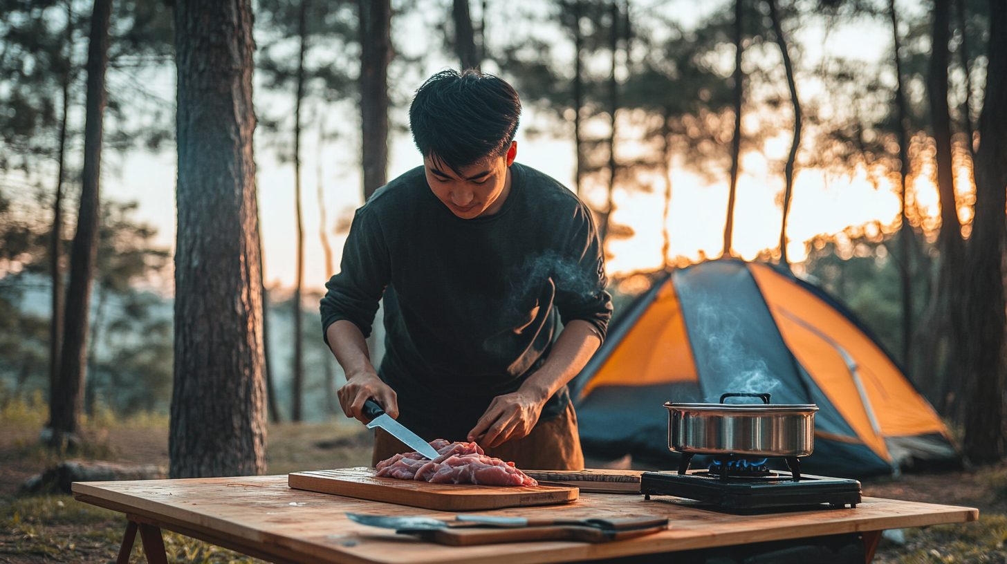 Người cắm trại dùng dao fixed blade Morakniv gọt rau nấu ăn bên bếp camping
