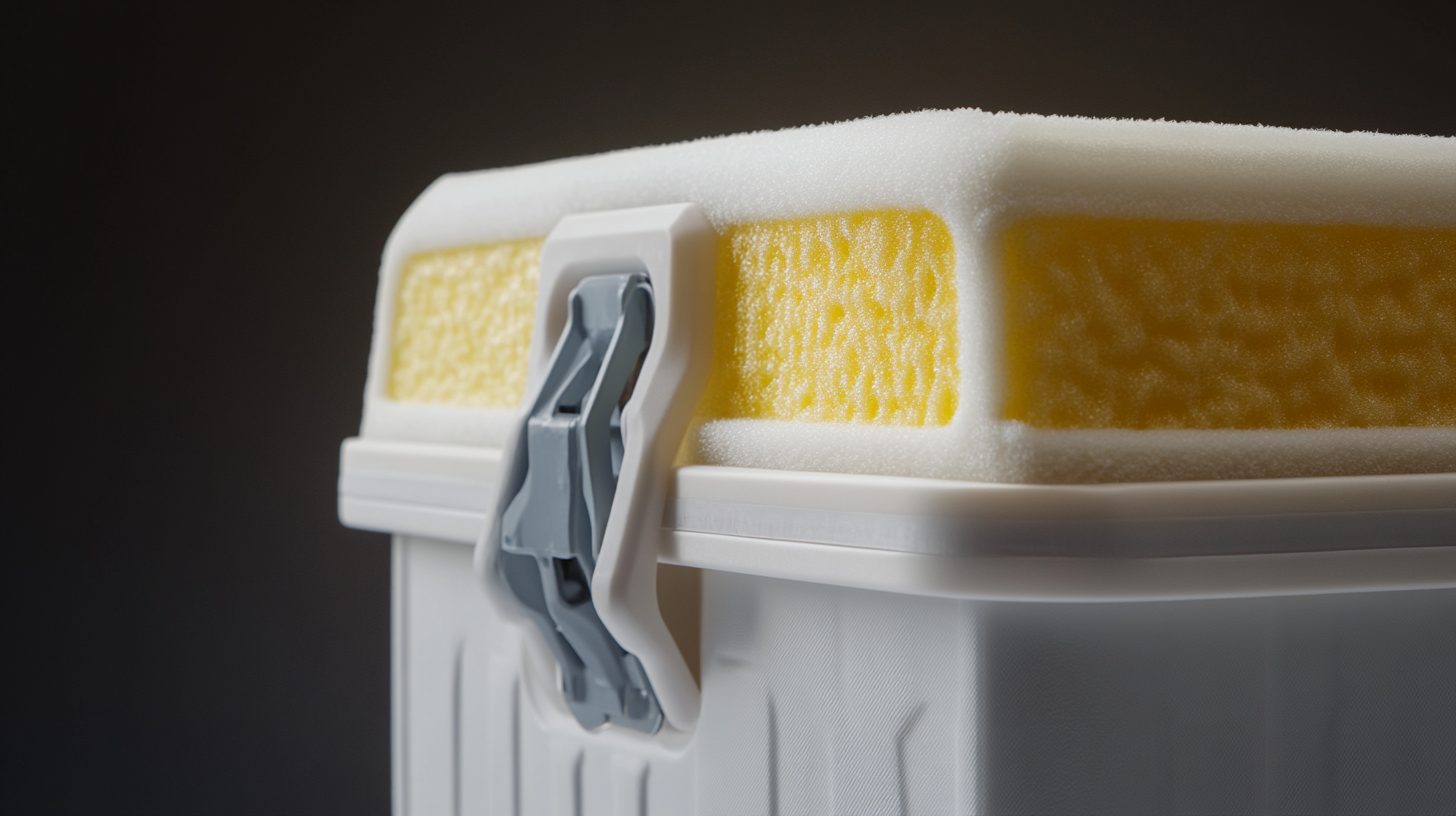 Mặt cắt cấu trúc cách nhiệt thùng giữ lạnh Coleman với lớp polyurethane foam dày 32mm và lớp HDPE shell trắng