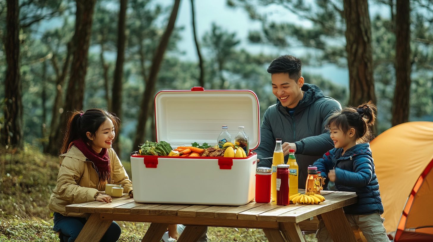 Coleman Xtreme 50QT 47L vỏ trắng phối cam đặt giữa khu cắm trại gia đình tại rừng thông Đà Lạt