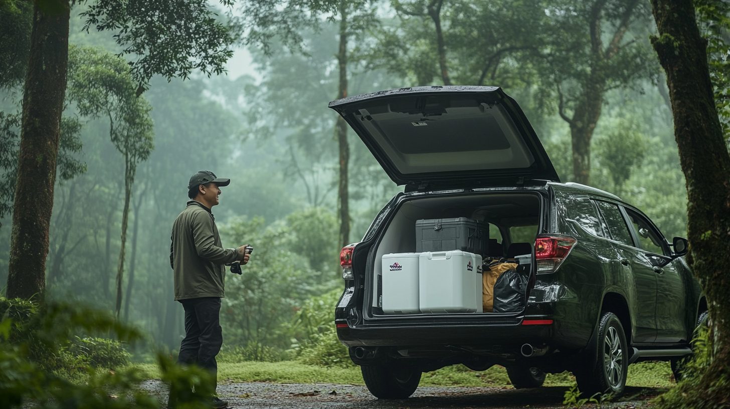 Coleman Xtreme 70QT 66L đặt trong cốp xe SUV cùng đồ camping cho gia đình chuẩn bị trip 3 ngày
