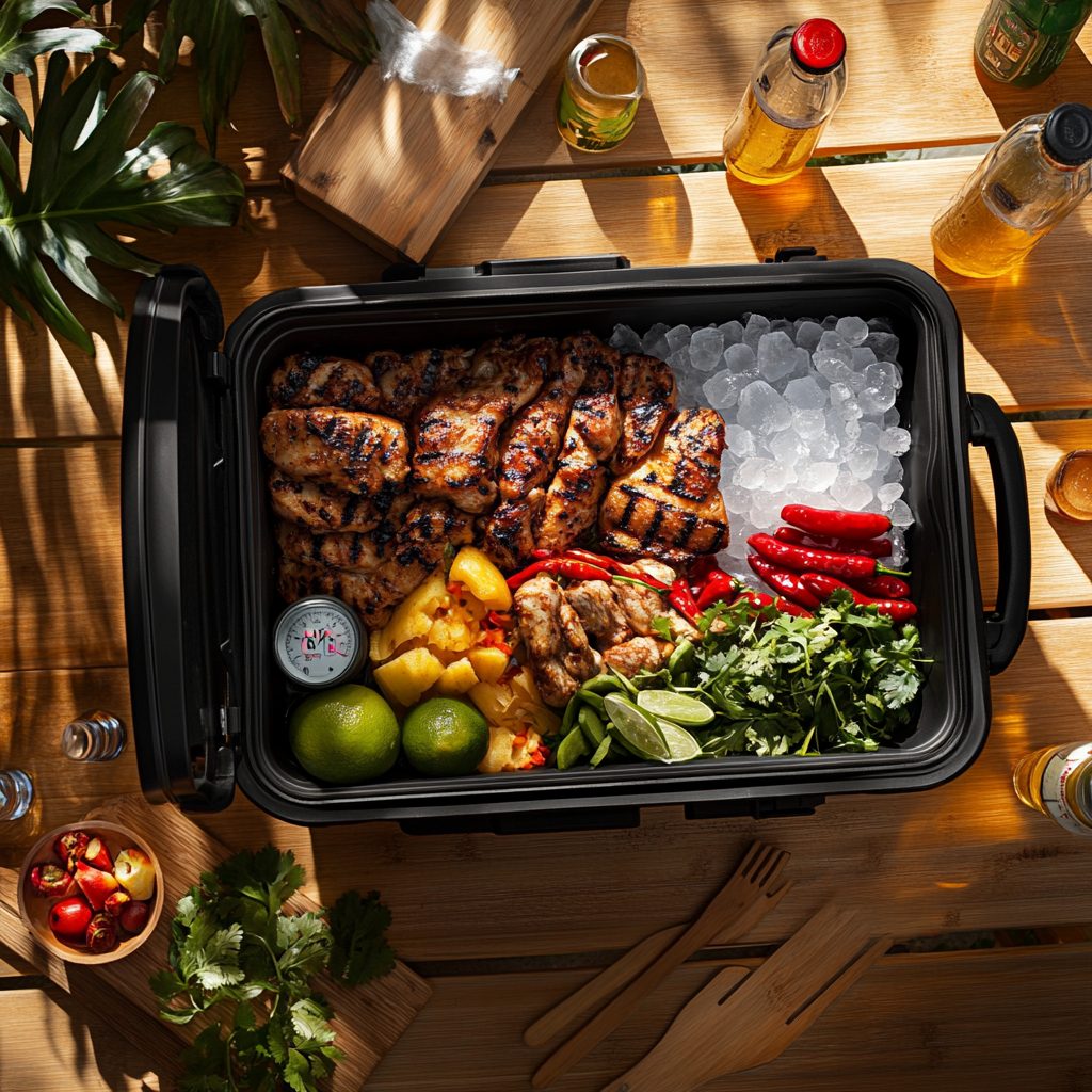Bố cục flat lay xếp lớp đá khối block ice 1kg và thực phẩm Việt trong thùng giữ lạnh Coleman với nhiệt kế hiển thị 4 độ C