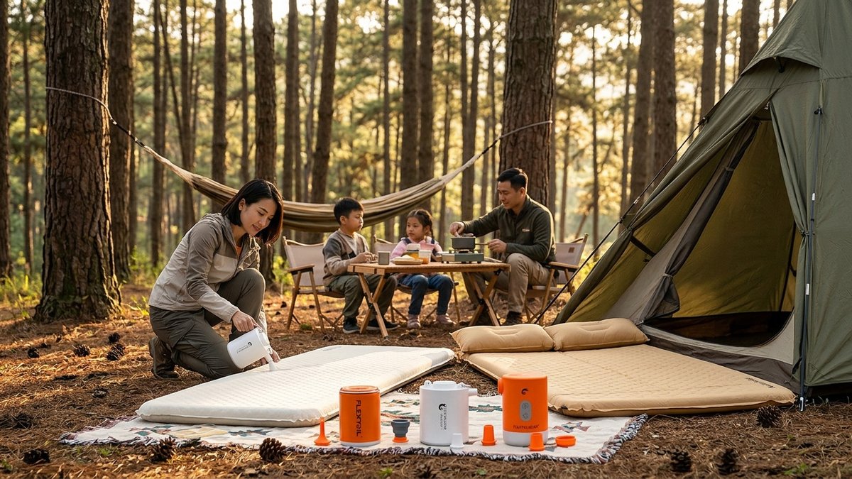 Đệm hơi camping tốt nhất 2026 - so sánh đệm tự bơm và máy bơm hơi cắm trại đa năng