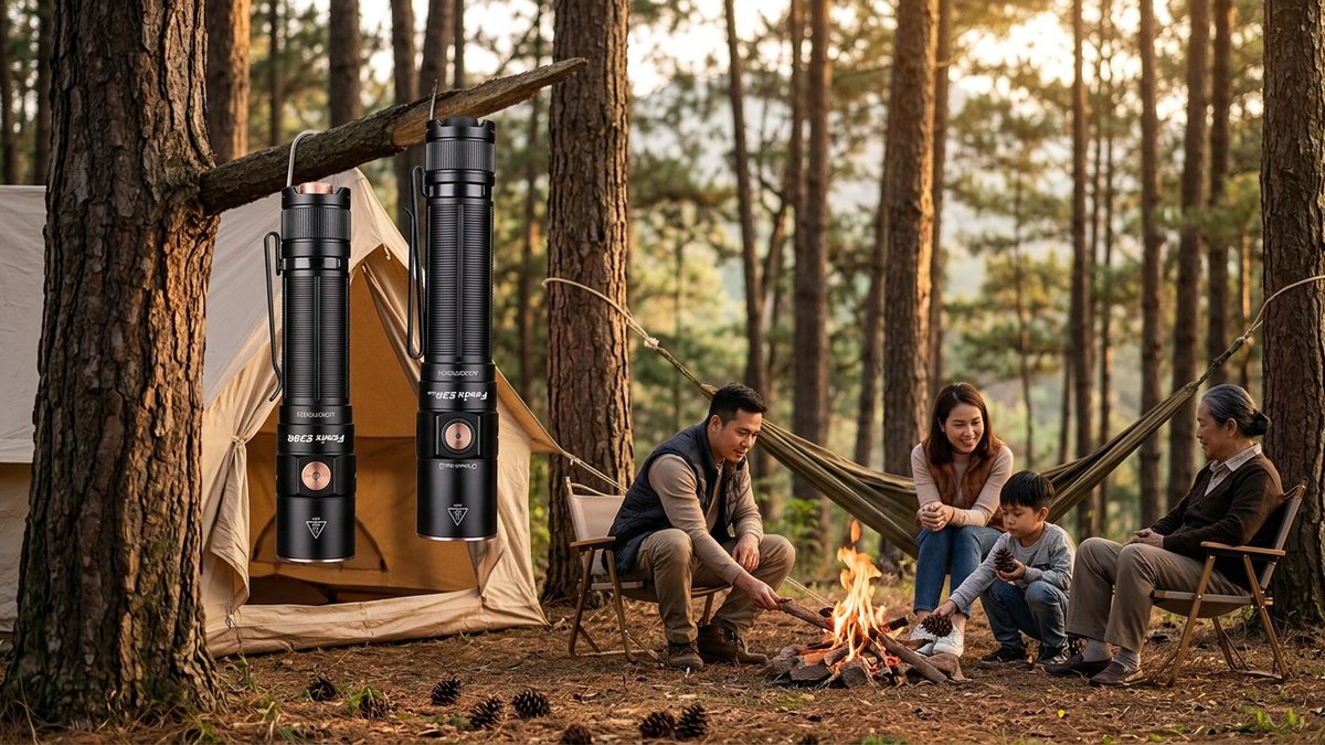 Đèn pin Fenix E28R soi đường trong khu cắm trại lúc trời tối