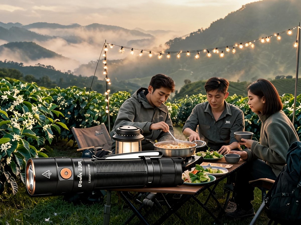 Fenix E28R 1500 lumen cầm tay khi dựng lều buổi tối