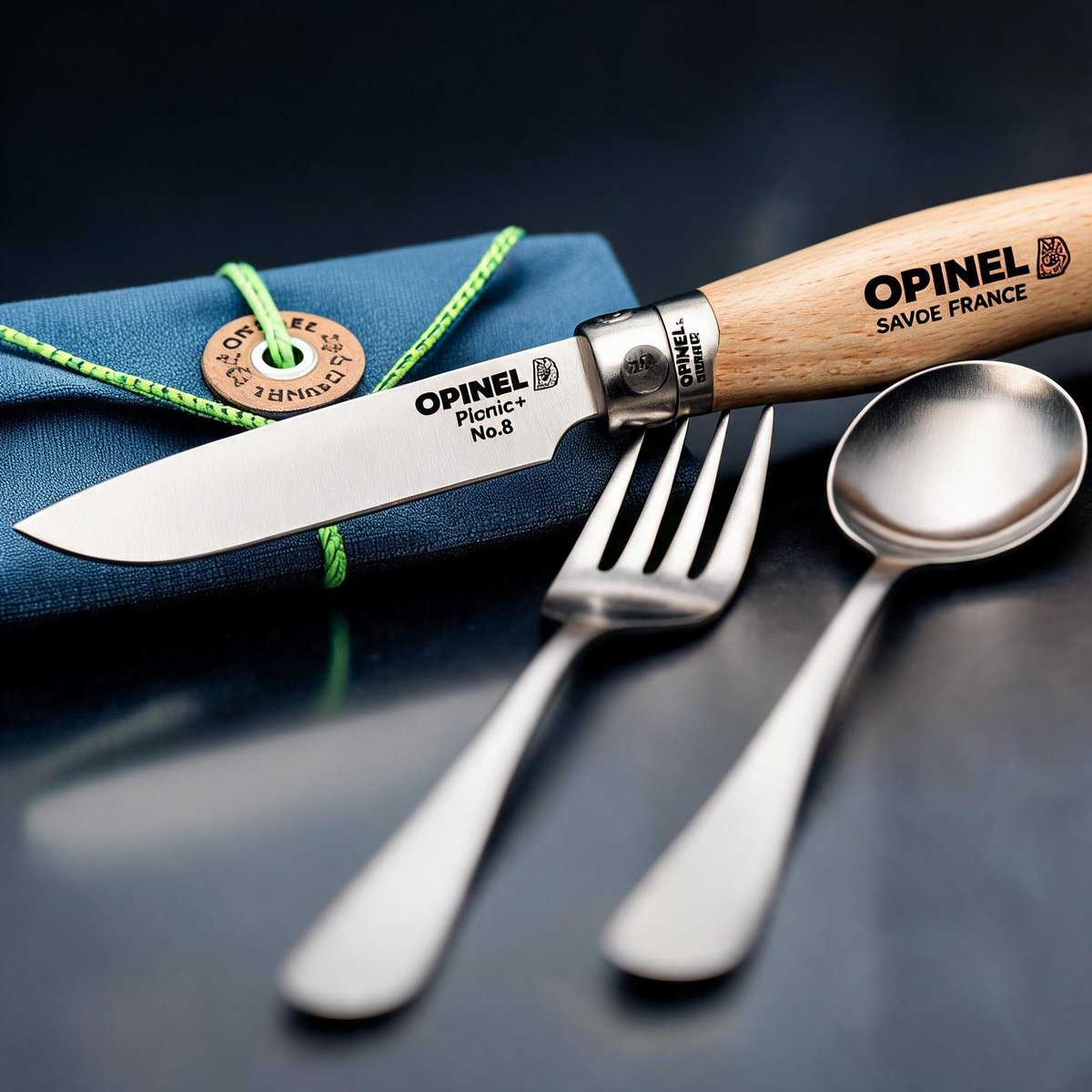 Cận cảnh lưỡi thép Sandvik và cán gỗ sồi Opinel - chi tiết kỹ thuật