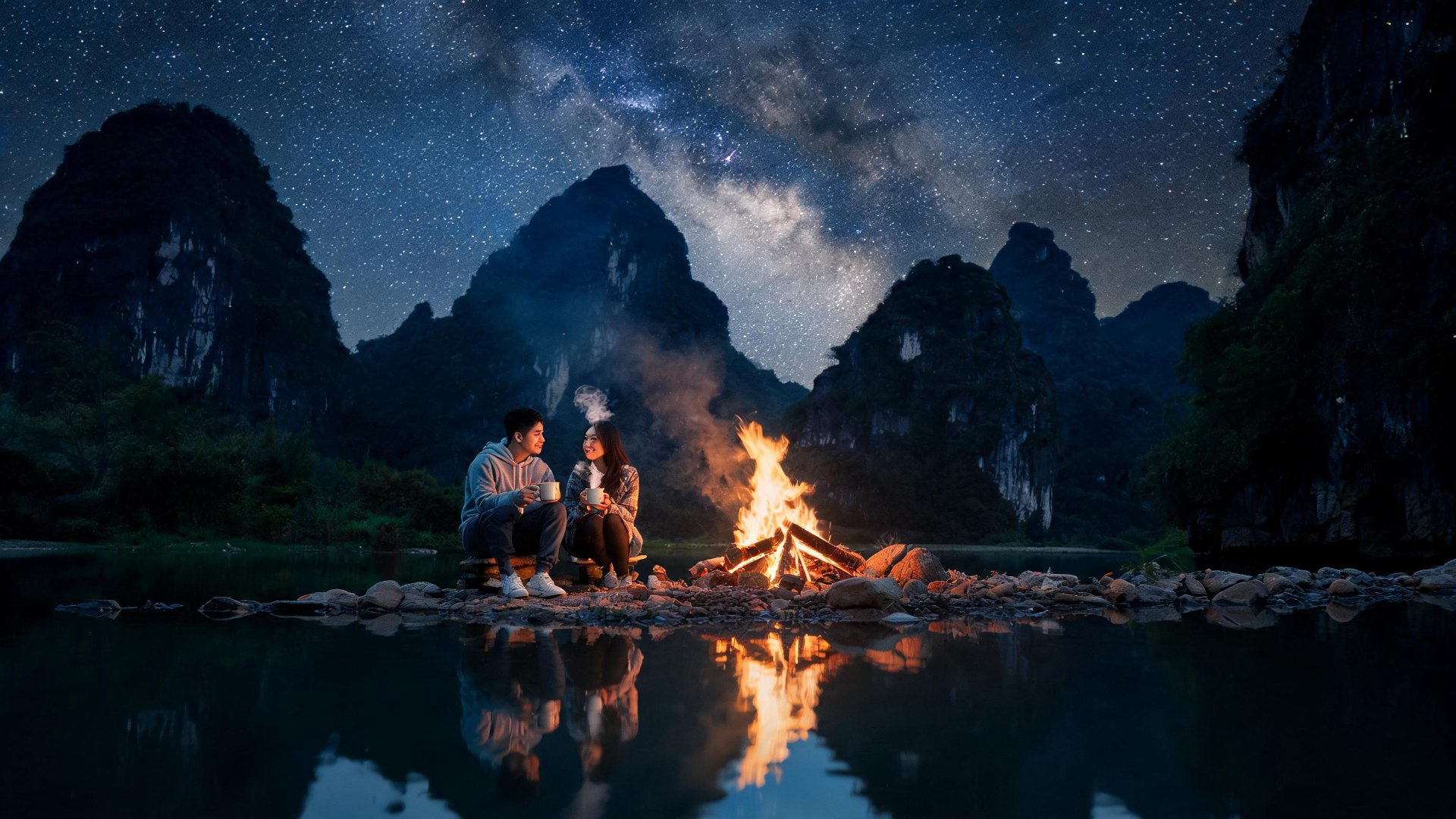 Cắm trại đêm Ninh Bình Tràng An 2026 - ProCamping.vn Cắm trại Ninh Bình đêm - Đôi bạn trẻ Việt Nam bên lửa trại dưới núi đá vôi Tràng An đầy sao