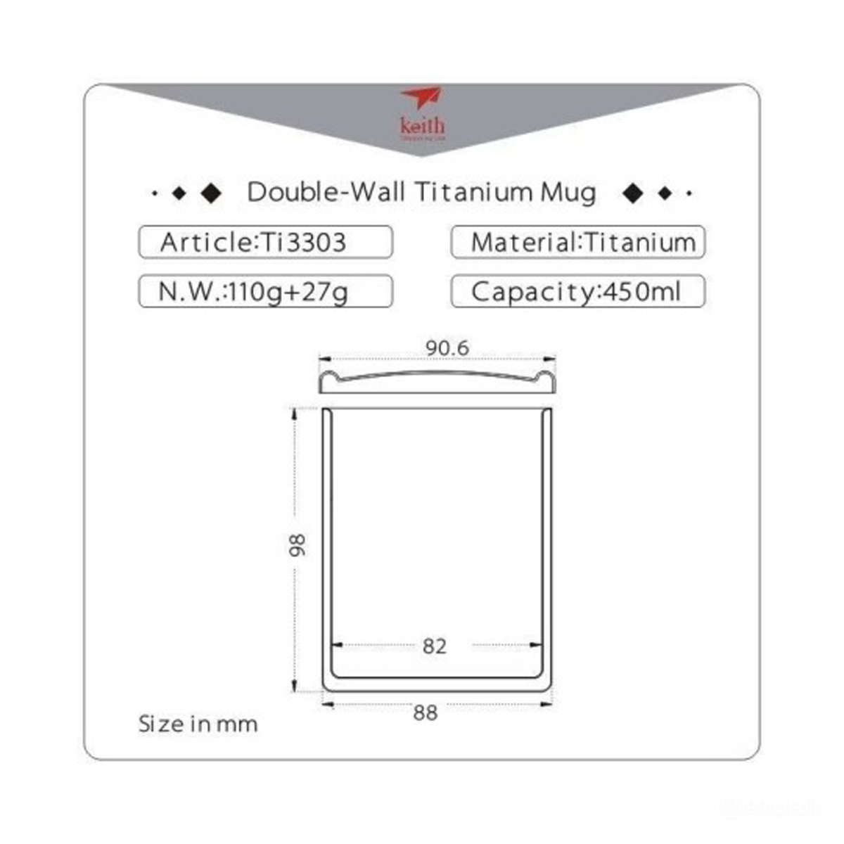 Keith Titanium Ti3303 Cốc 2 Lớp Có Nắp 450Ml