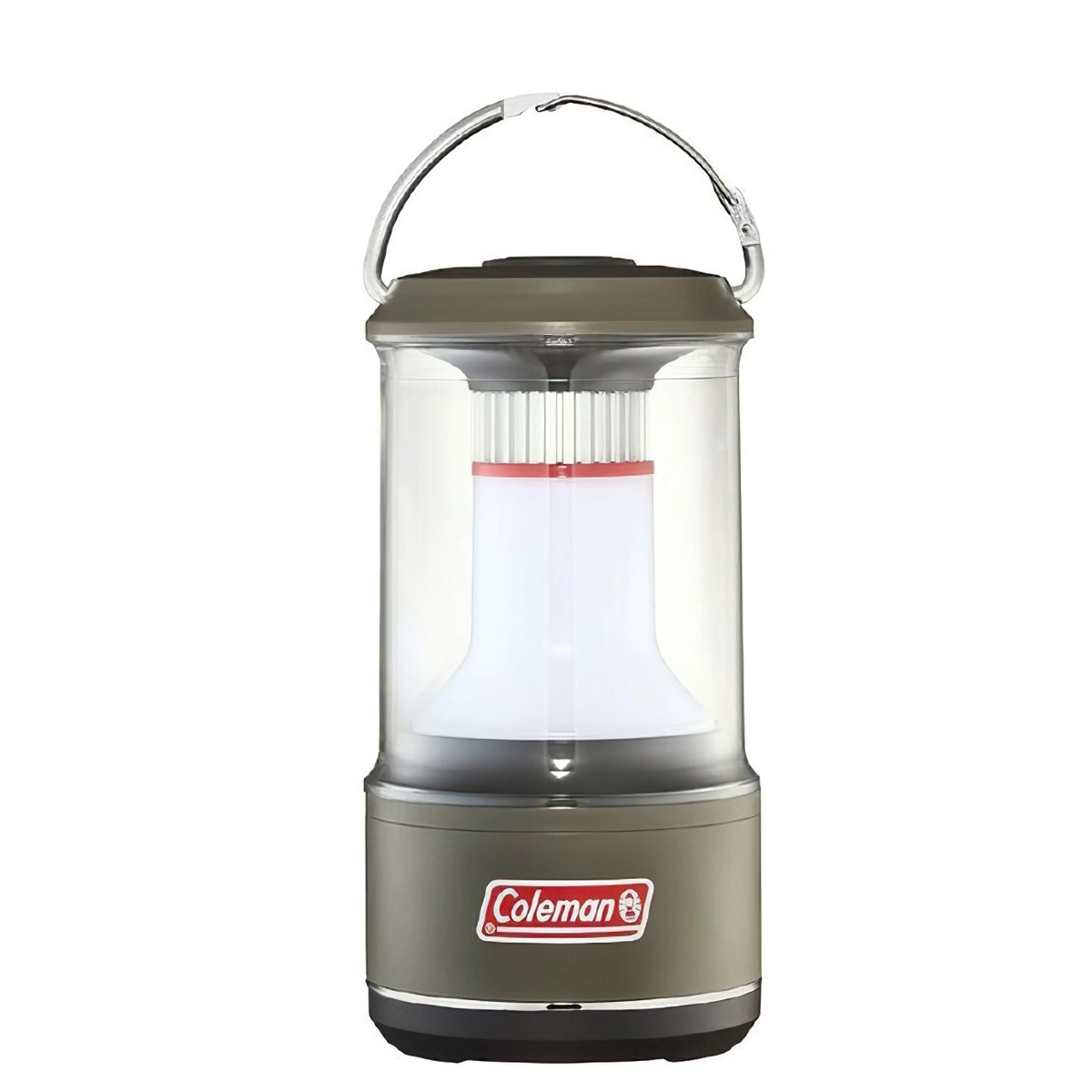 Đèn sạc Coleman All Night 600 Lumen màu xanh rêu đang bật sáng, chụp thẳng trên nền trắng